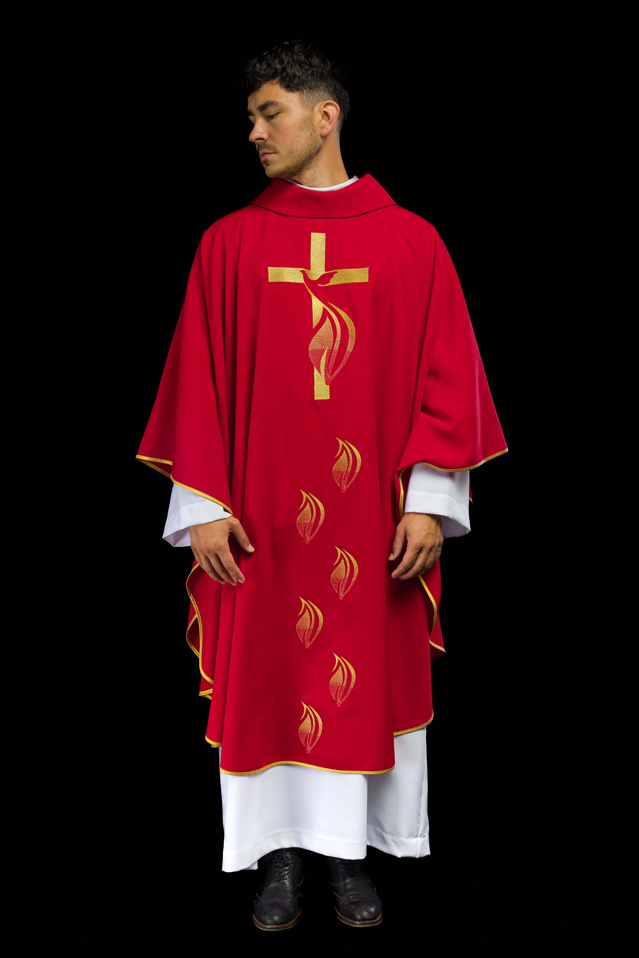 Red Chasuble with embroidery of the Holy Spirit and the Cross - CHASUBLES.COM