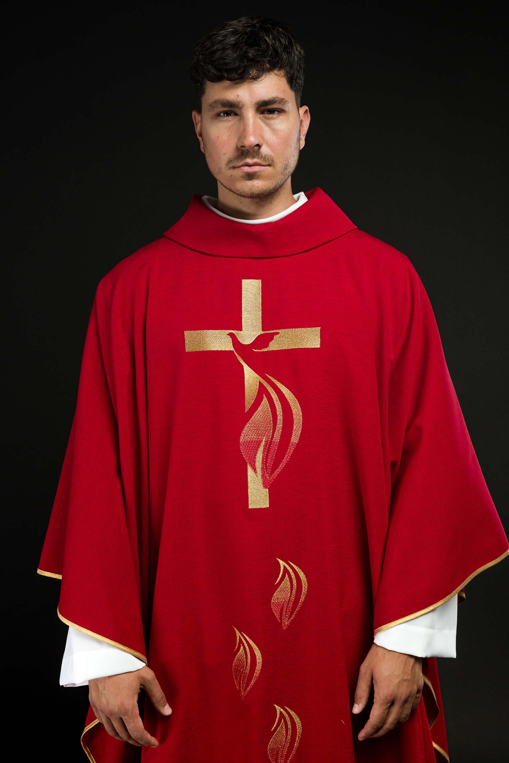 Red Chasuble with embroidery of the Holy Spirit and the Cross - CHASUBLES.COM