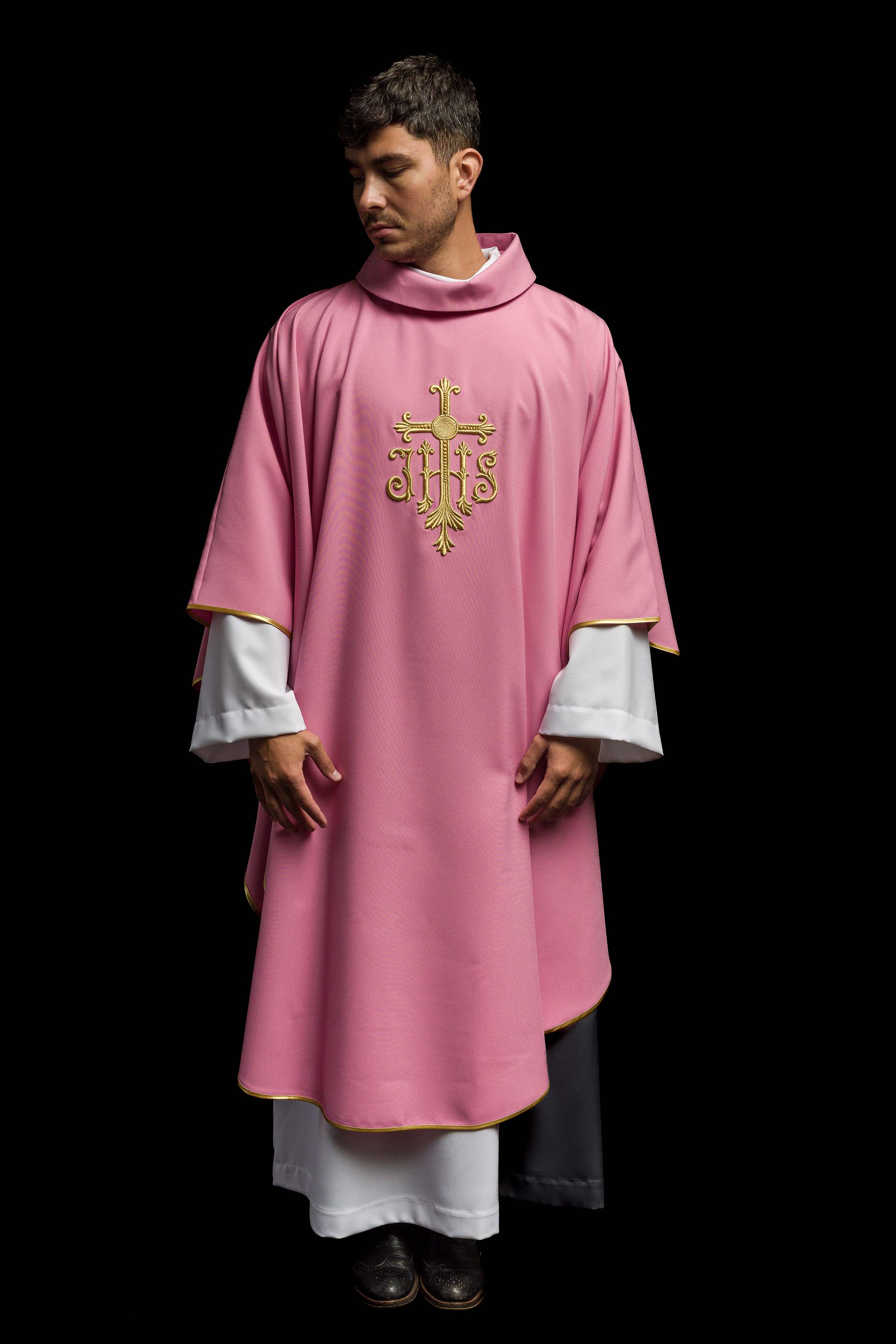 Chasuble embroidered with IHS symbol in pink