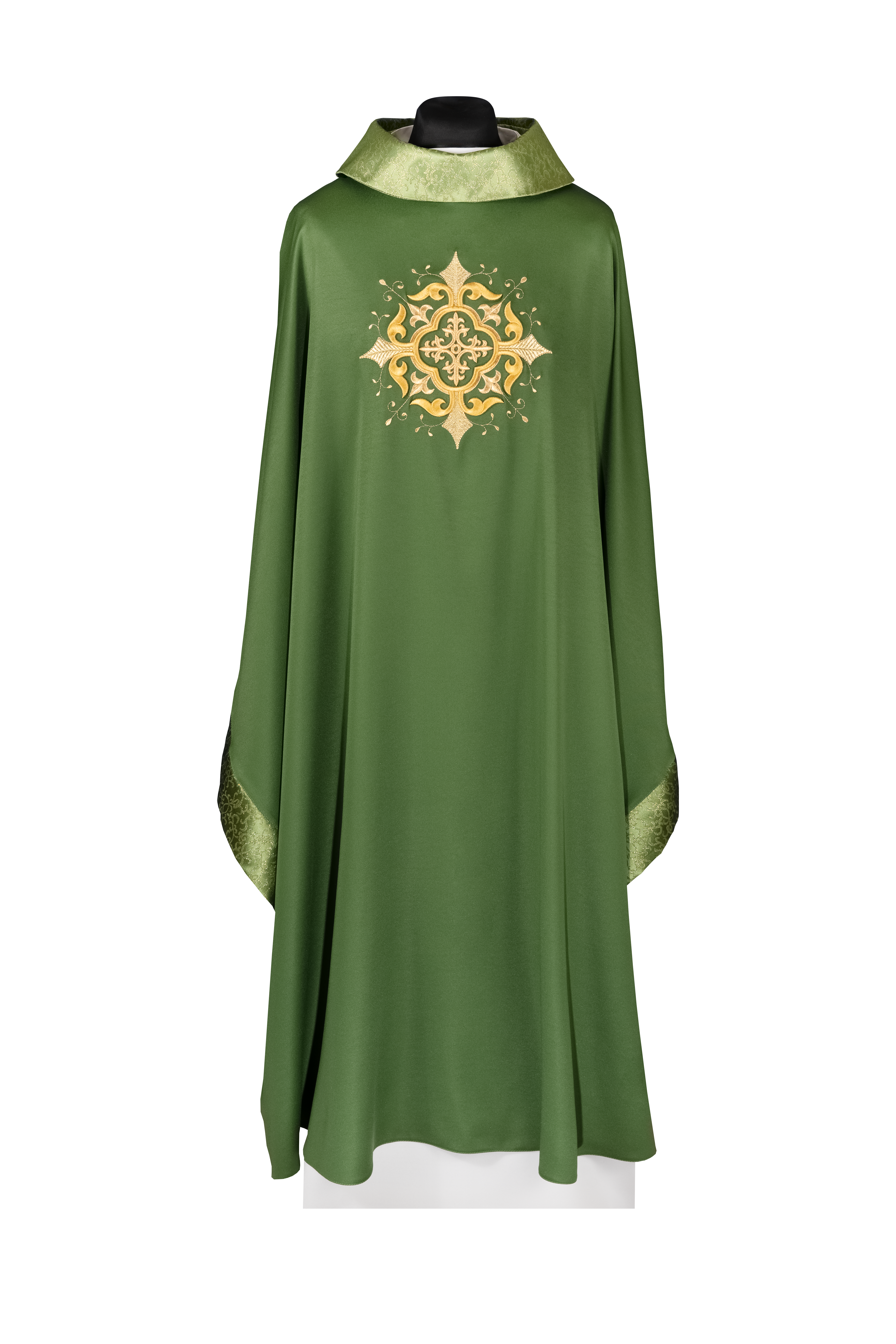 Green liturgical chasuble with embroidered cross motif and rich detailing