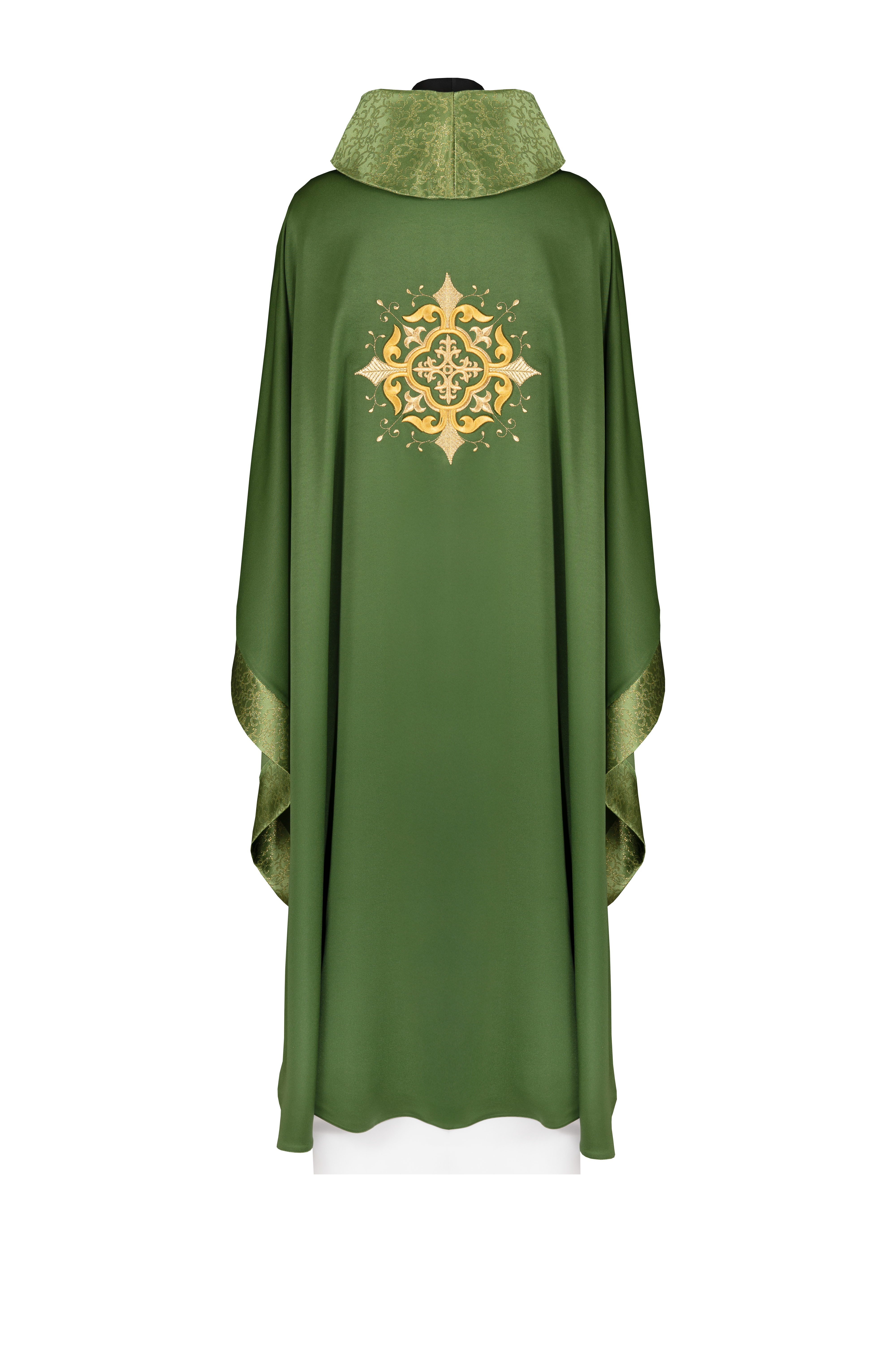 Green liturgical chasuble with embroidered cross motif and rich detailing