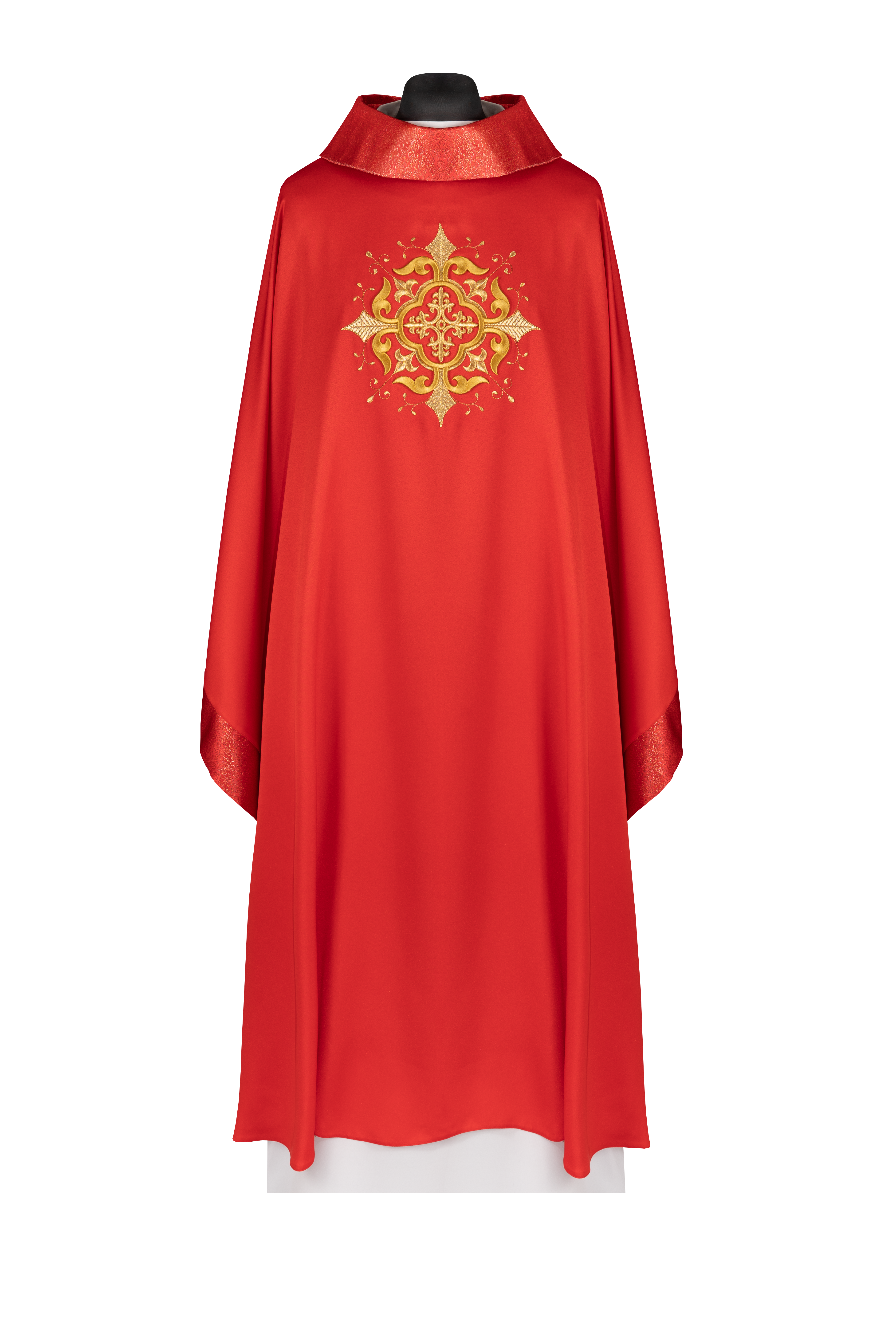 Red liturgical chasuble with embroidered cross motif and rich detailing