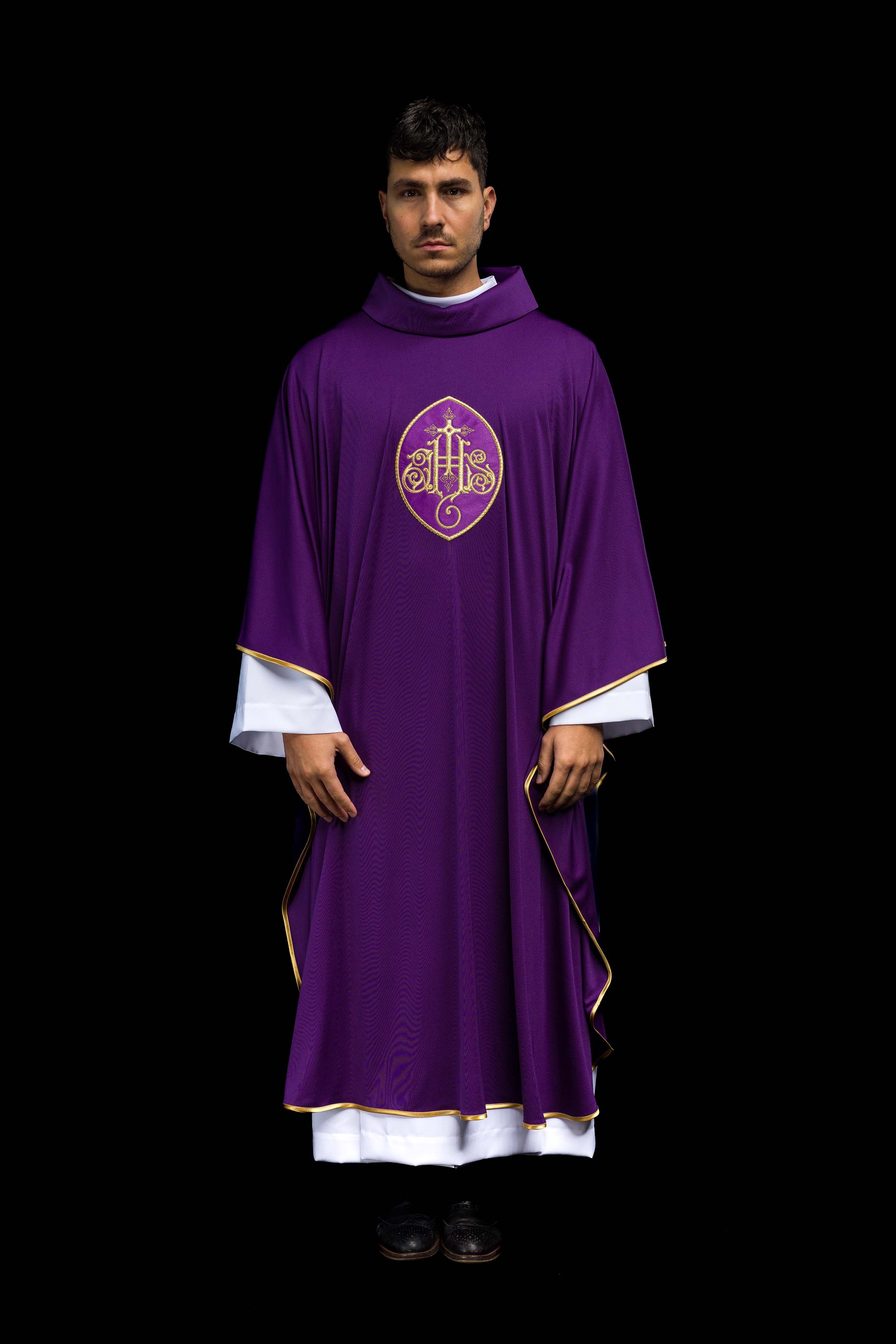 Purple chasuble with IHS made from sports fabric SACROLITE
