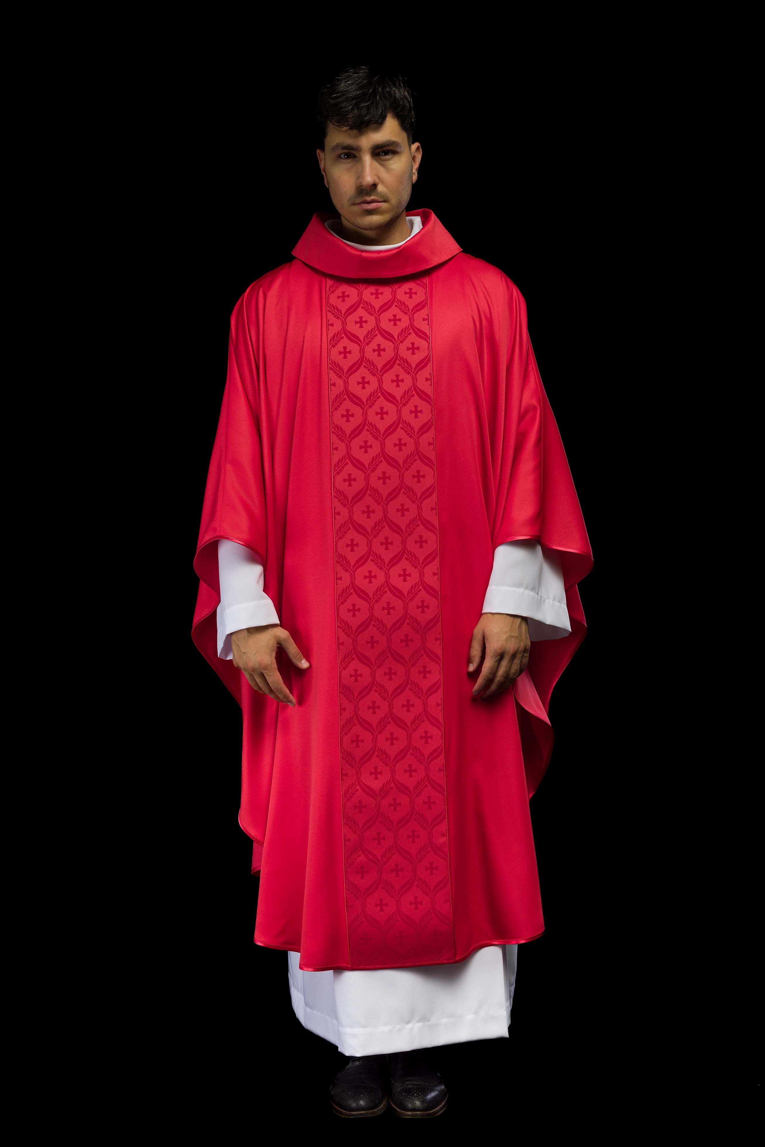 Red Chasuble with Jacquard Orphrey Featuring Cross Motifs - CHASUBLES.COM