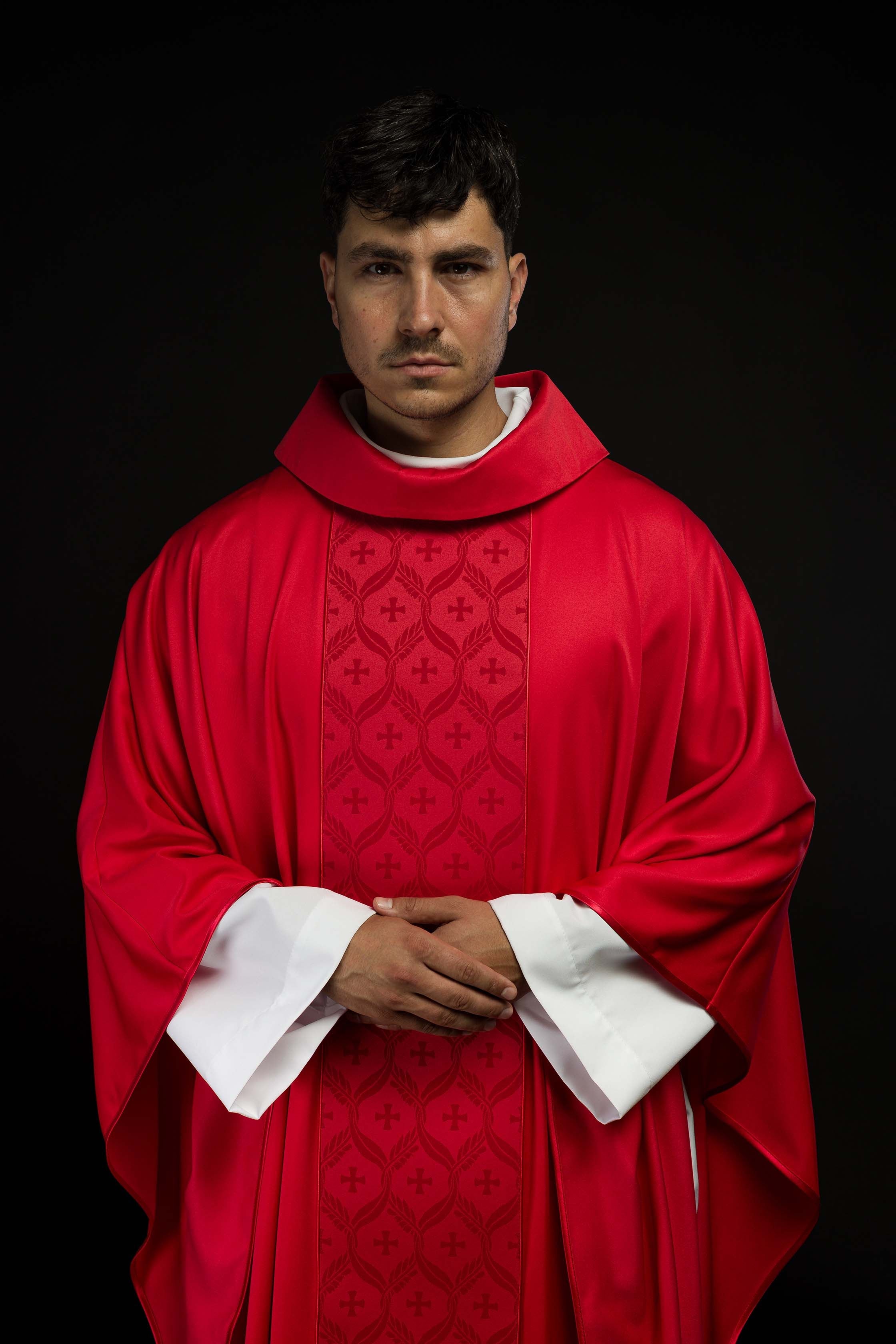 Red Chasuble with Jacquard Orphrey Featuring Cross Motifs - CHASUBLES.COM