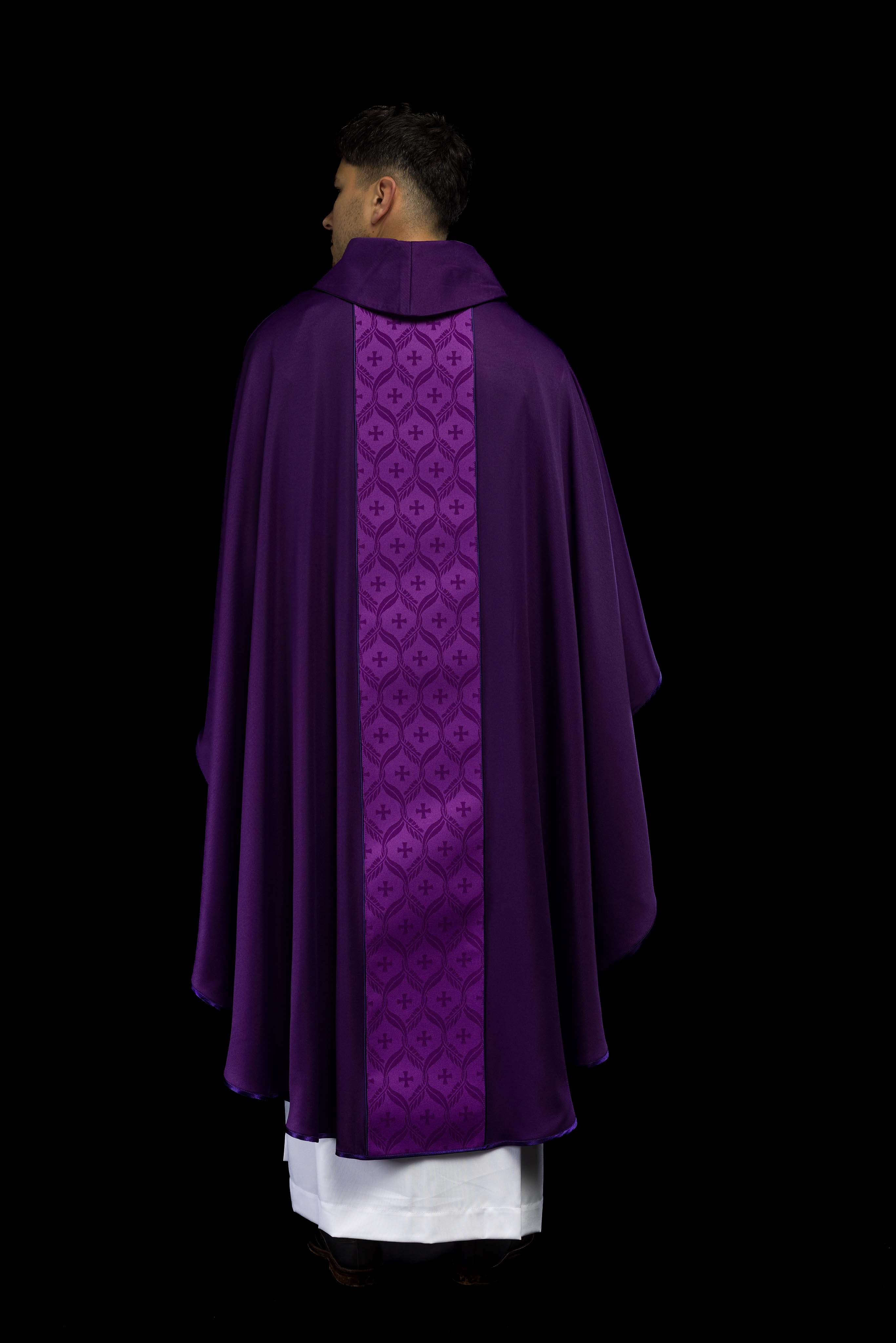Purple Chasuble with Jacquard Orphrey Featuring Cross Motifs - CHASUBLES.COM
