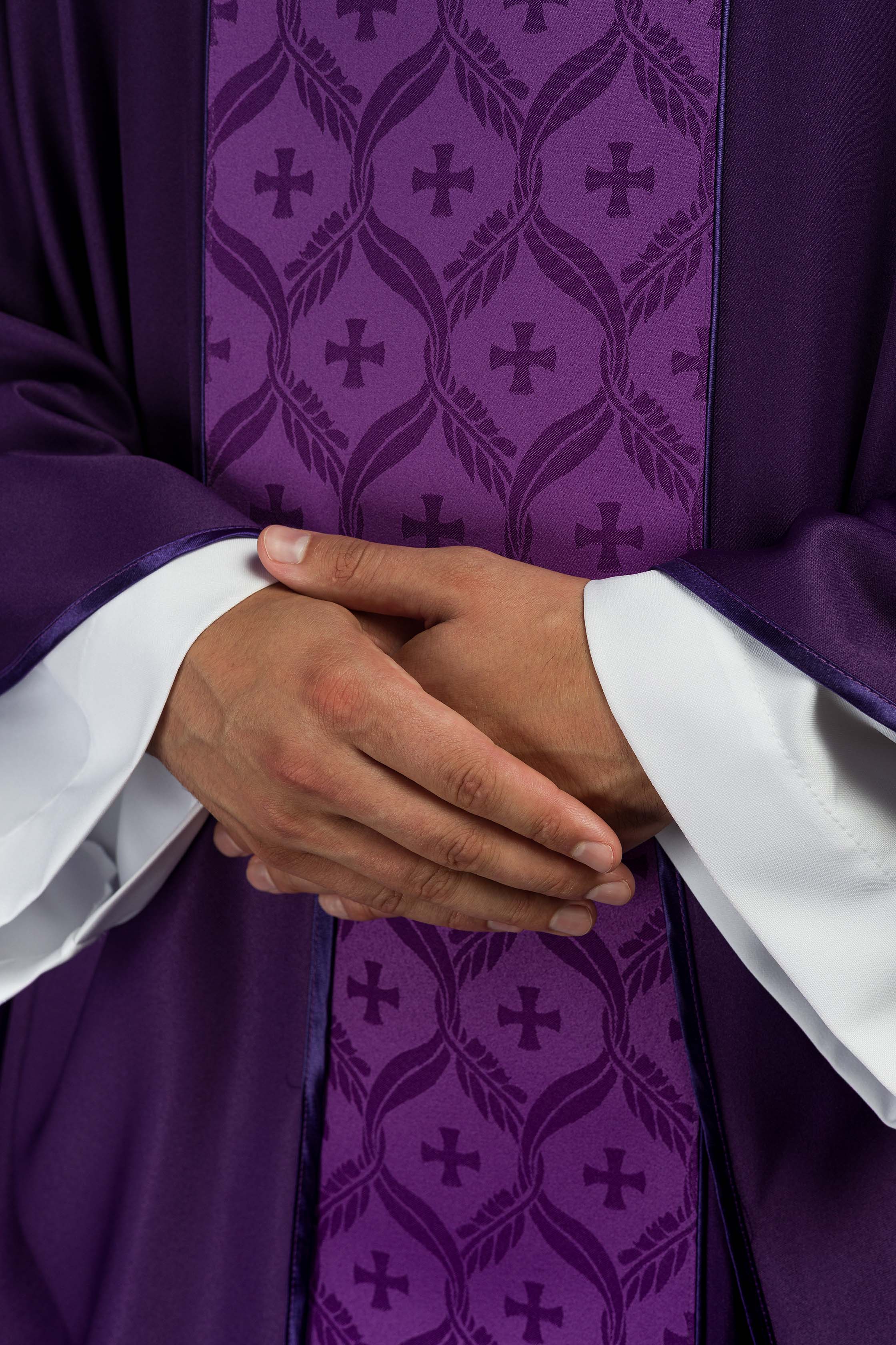 Purple Chasuble with Jacquard Orphrey Featuring Cross Motifs - CHASUBLES.COM