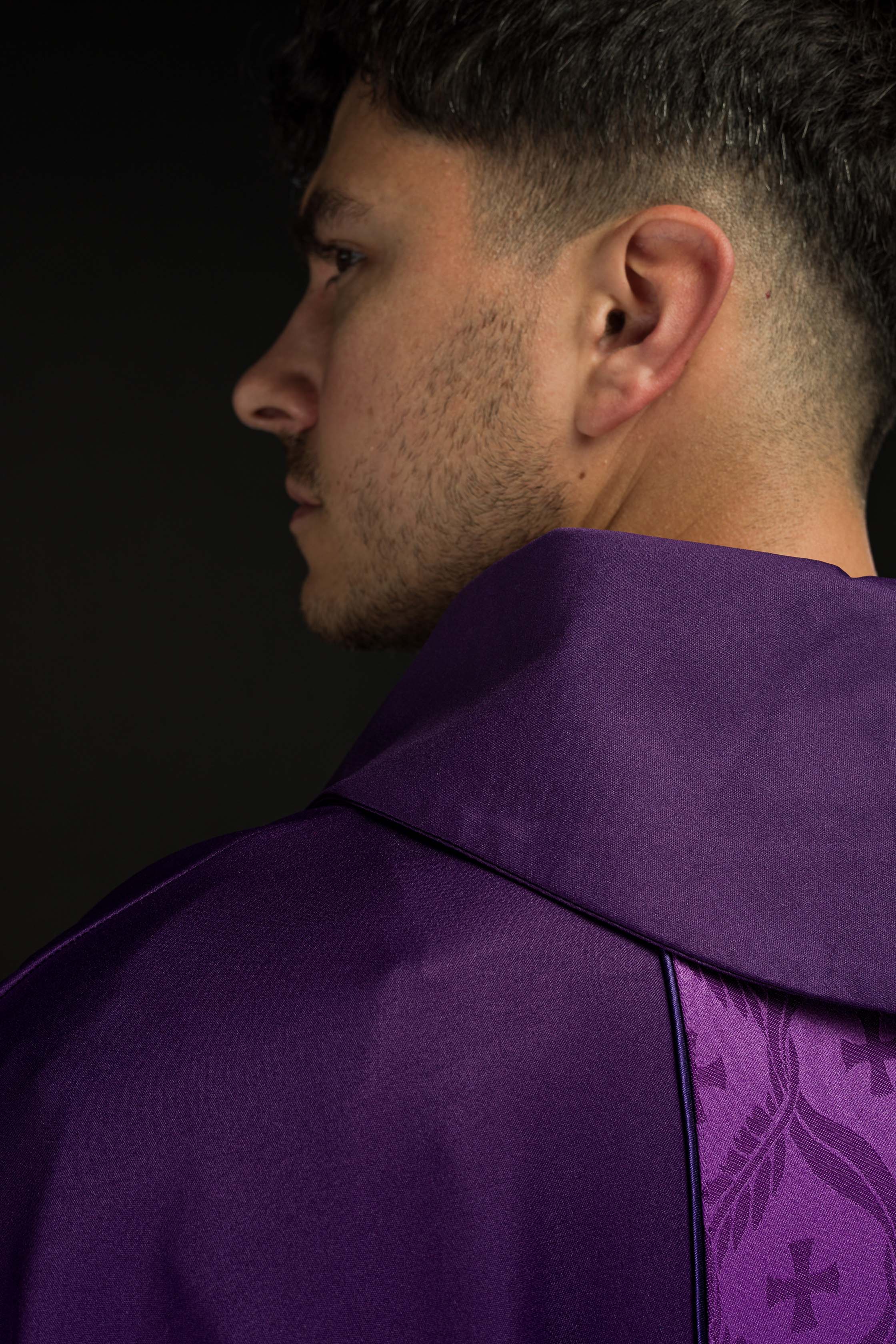 Purple Chasuble with Jacquard Orphrey Featuring Cross Motifs - CHASUBLES.COM