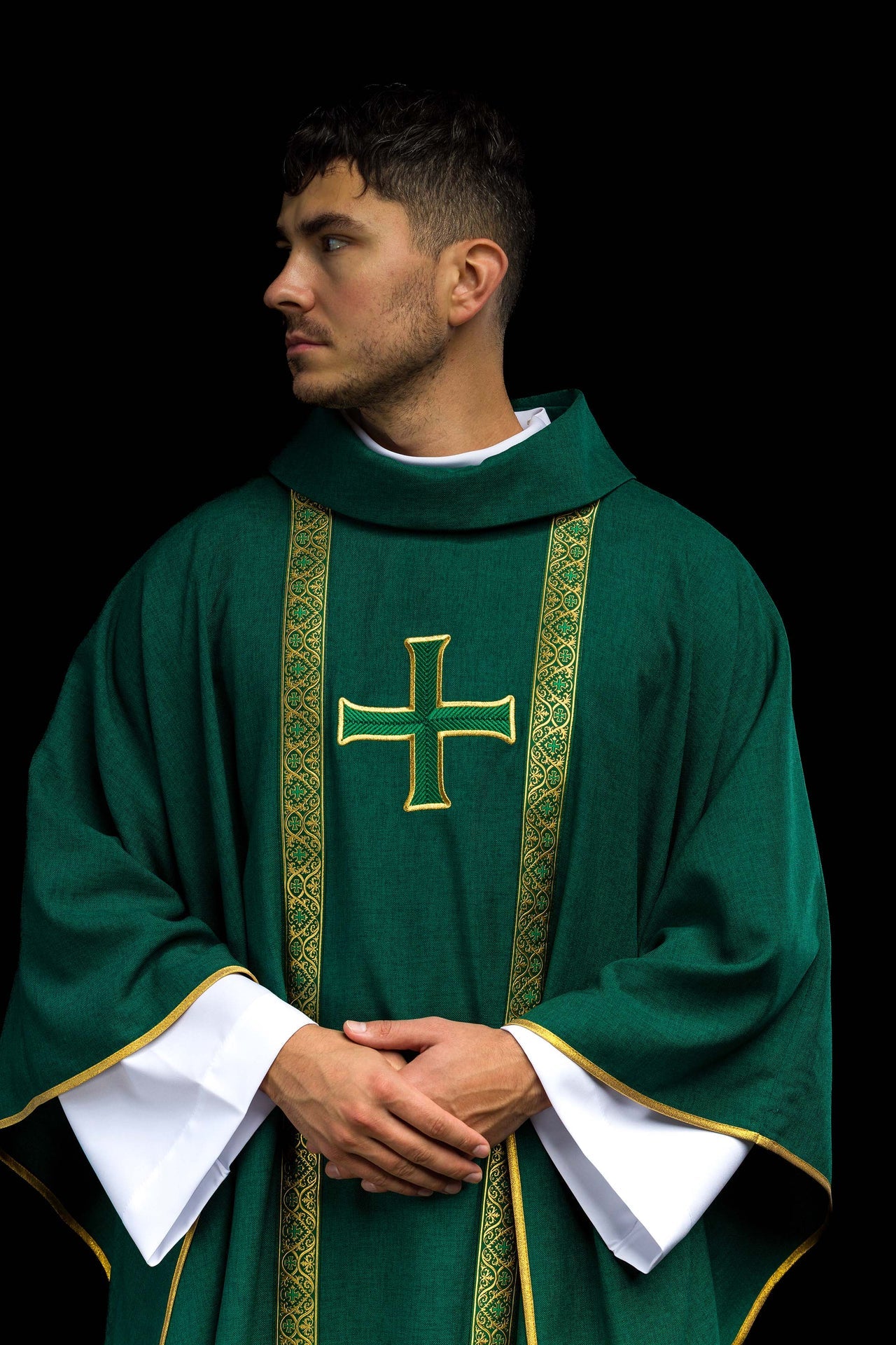 Green liturgical chasuble with embroidered cross and jacquard bands - CHASUBLES.COM