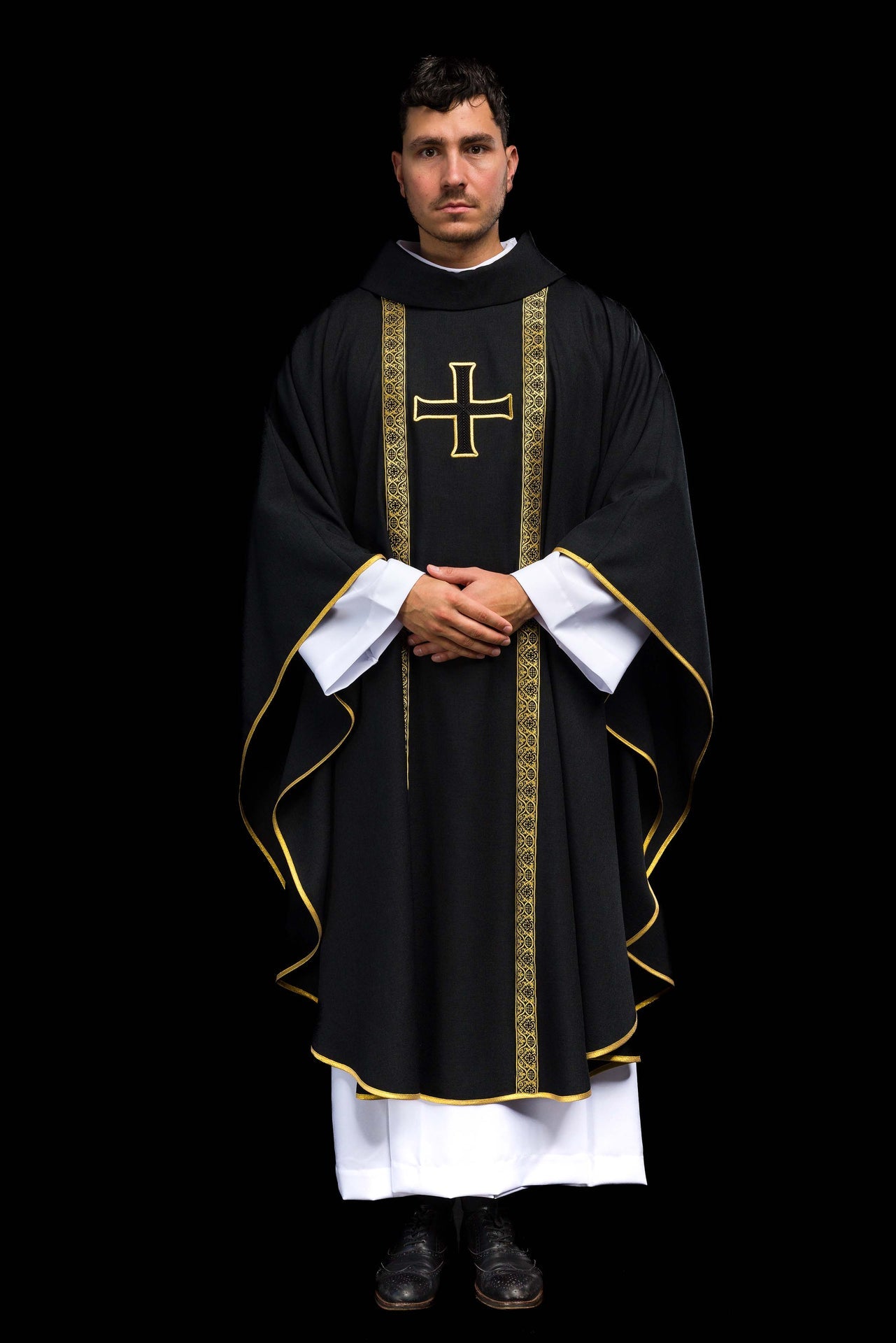 Black liturgical chasuble with embroidered cross and jacquard bands - CHASUBLES.COM