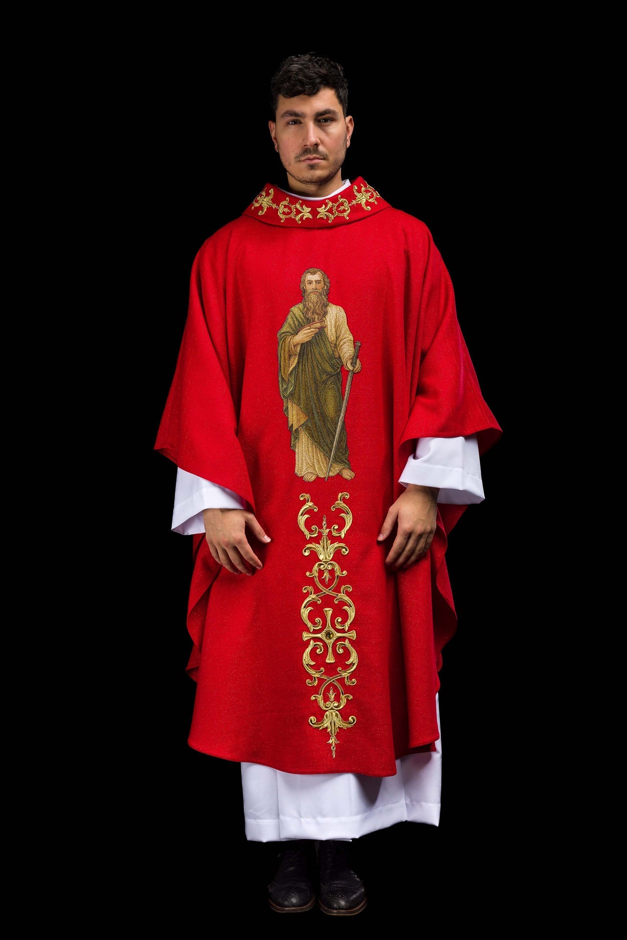 Richly embroidered chasuble with the image of Saint Paul red - CHASUBLES.COM