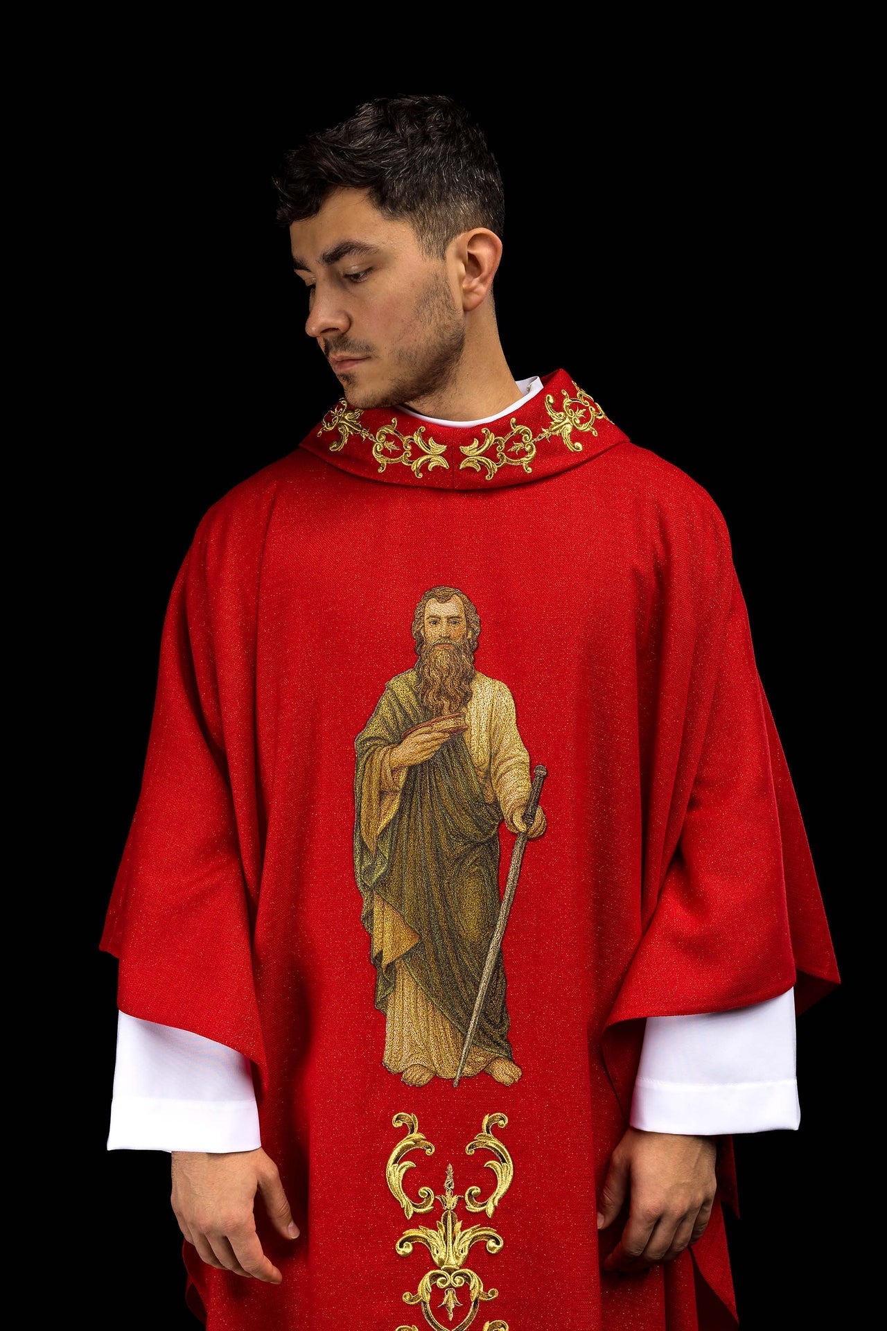 Richly embroidered chasuble with the image of Saint Paul red - CHASUBLES.COM