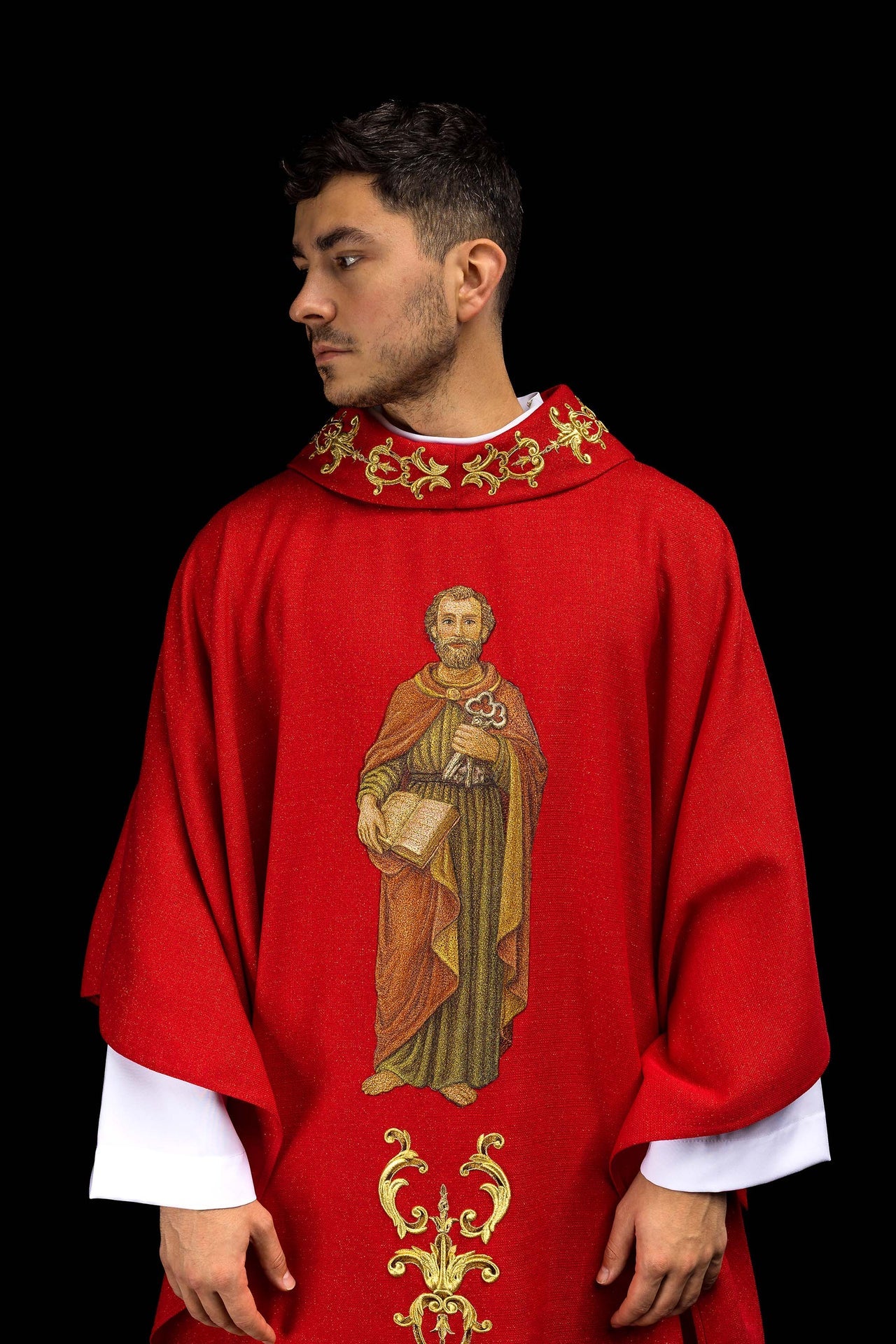 Richly embroidered chasuble with the image of Saint Peter red - CHASUBLES.COM