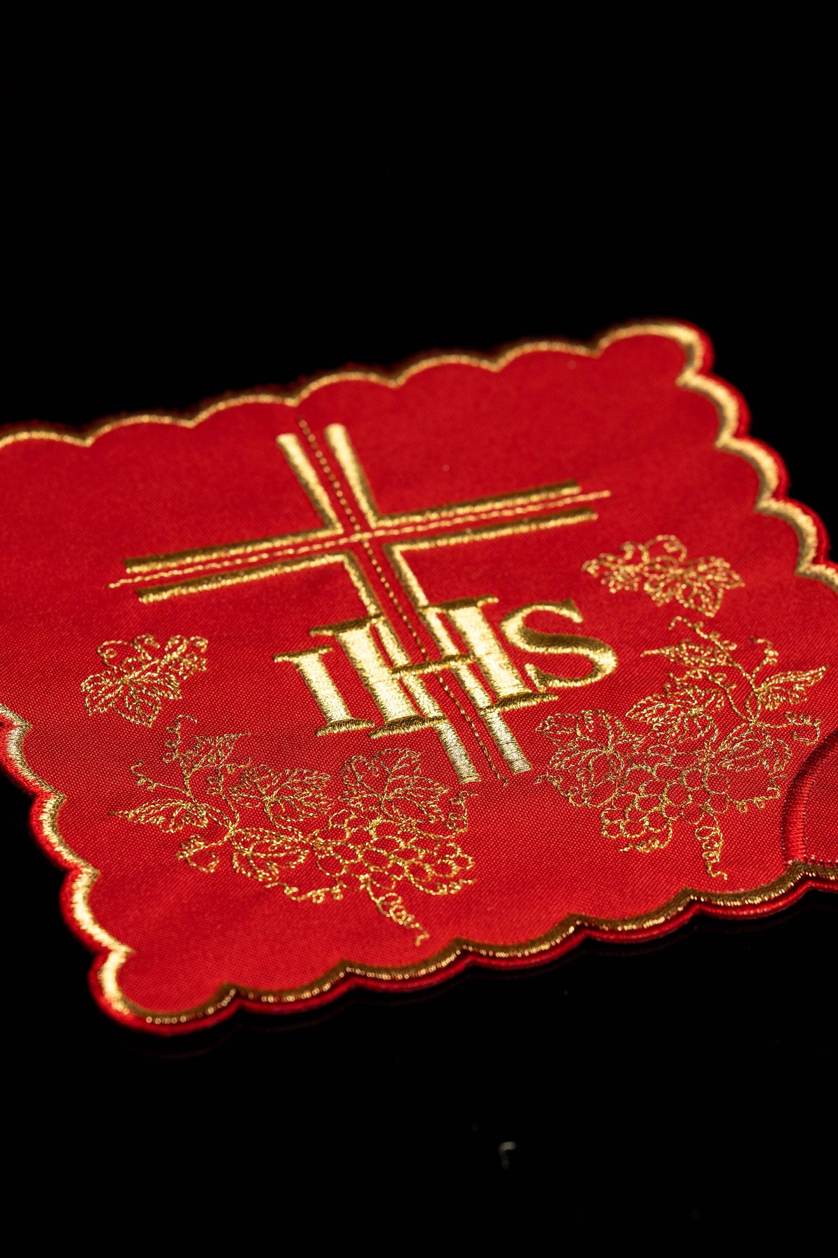 Set of Four Embroidered Chalice Palls with IHS, Cross, and Vine Motif