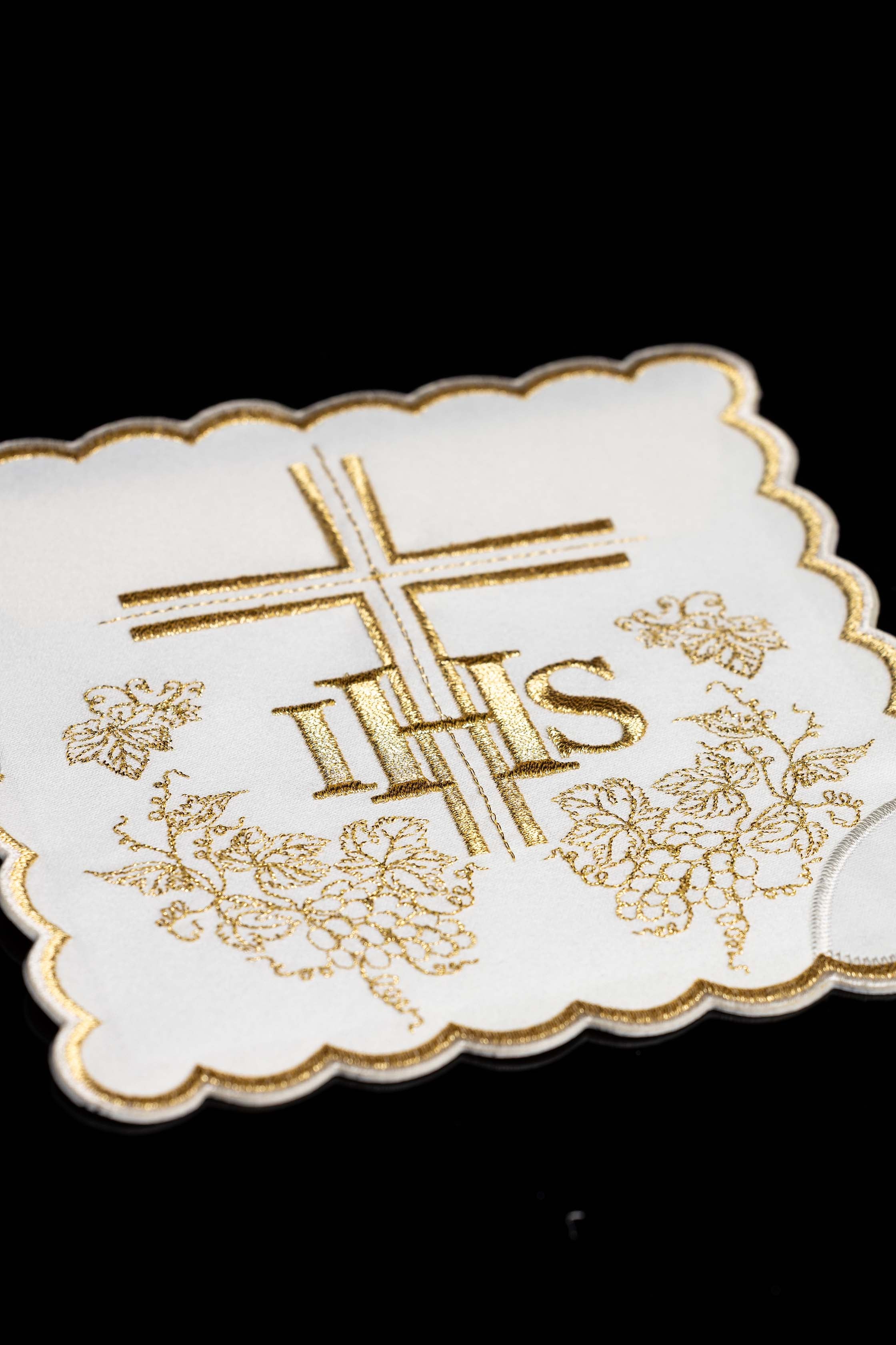 Set of Four Embroidered Chalice Palls with IHS, Cross, and Vine Motif