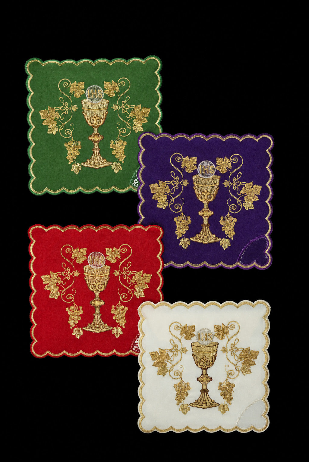 Set of Four Chalice Palls with Embroidered Chalice Motif
