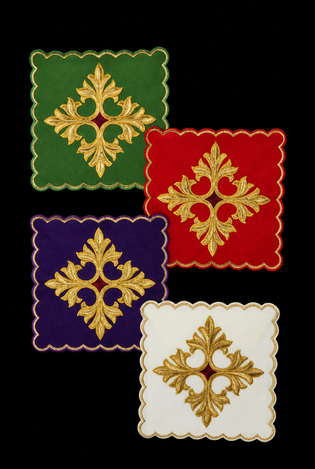 Set of Four Chalice Palls with Embroidered Cross Symbol