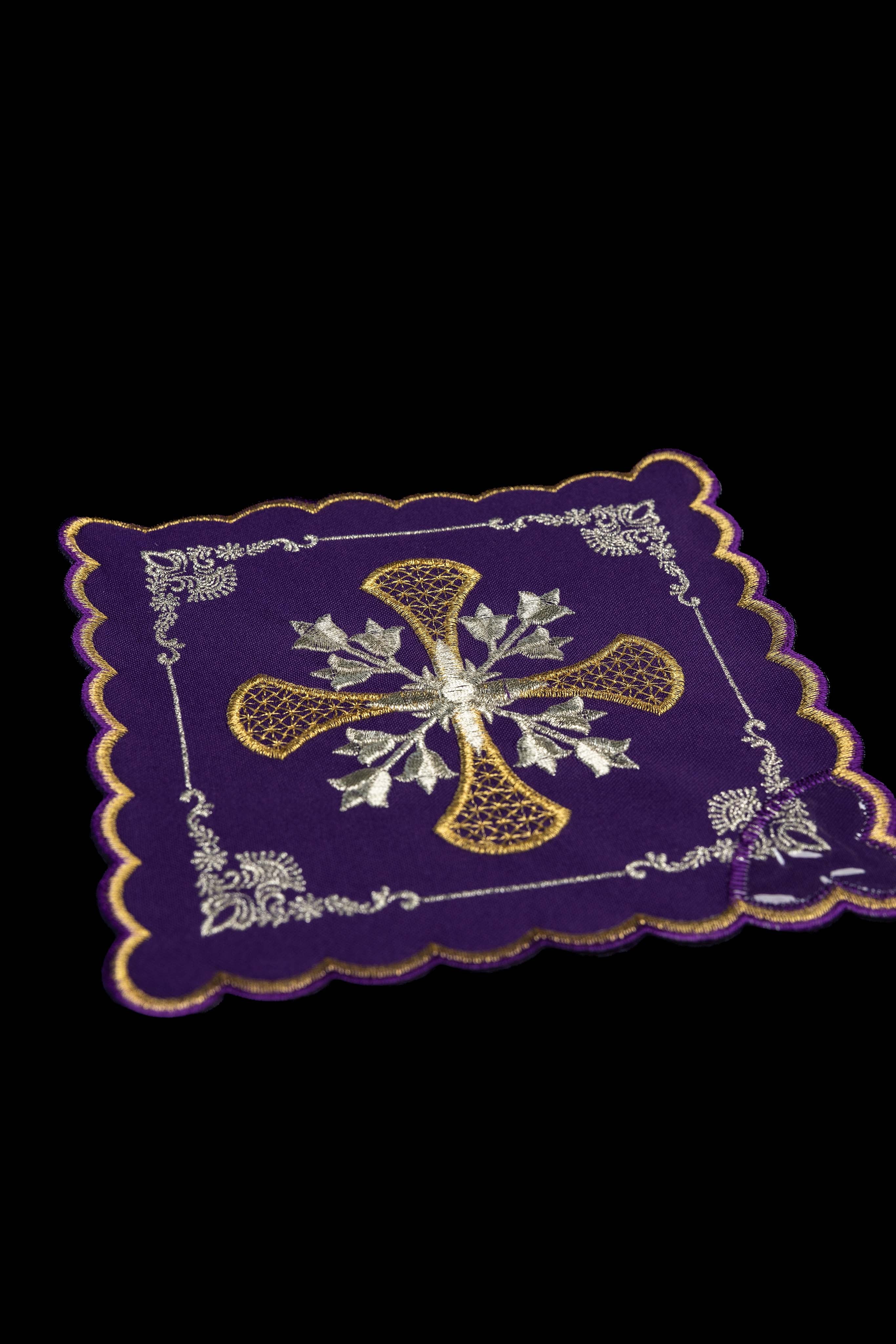 Set of chalice palls with a cross symbol in four liturgical colors