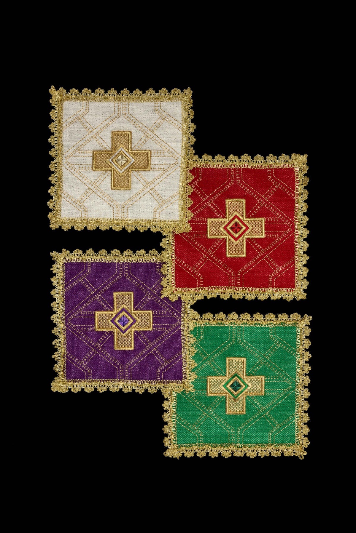 Set of Four Chalice Palls with Embroidered Cross and Gold Trim