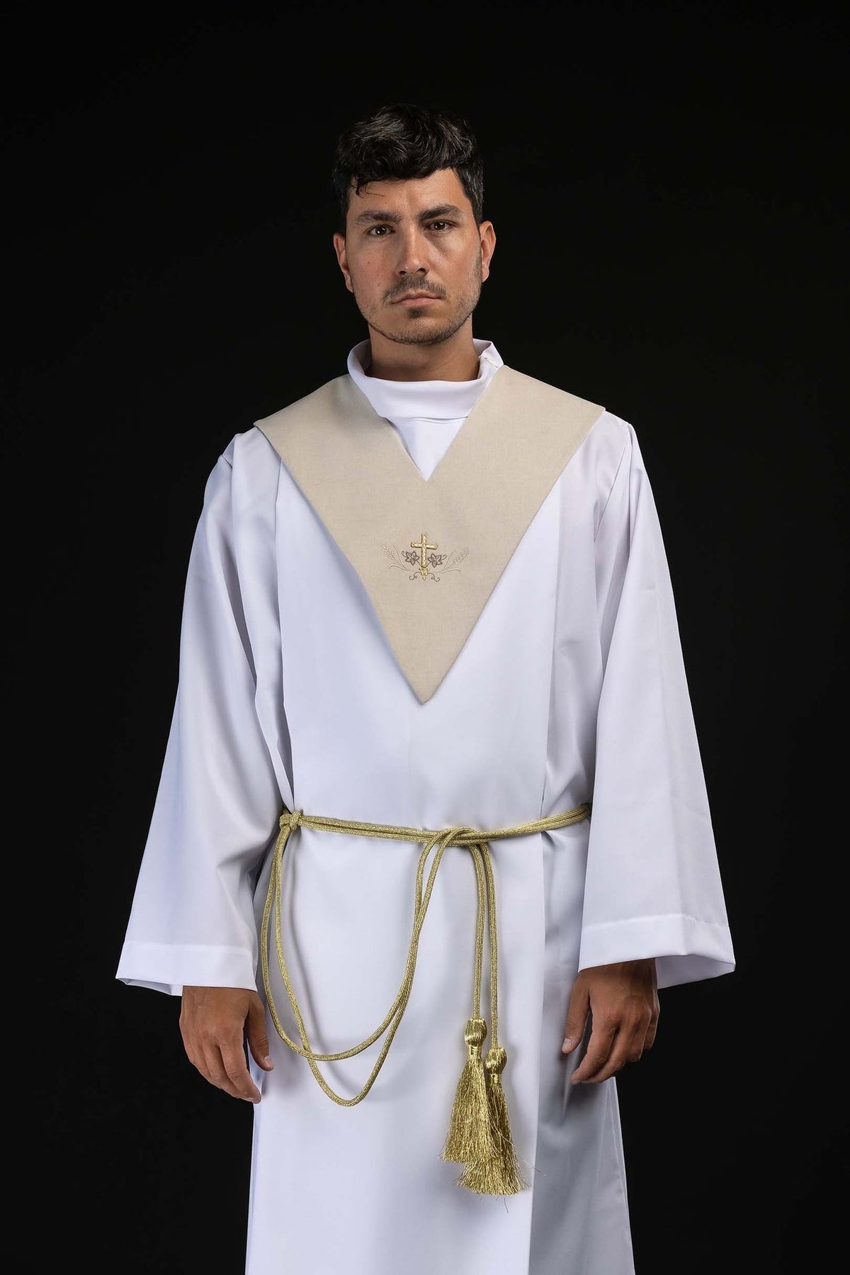 Ecru Lector's Stole with Embroidered Gold Cross