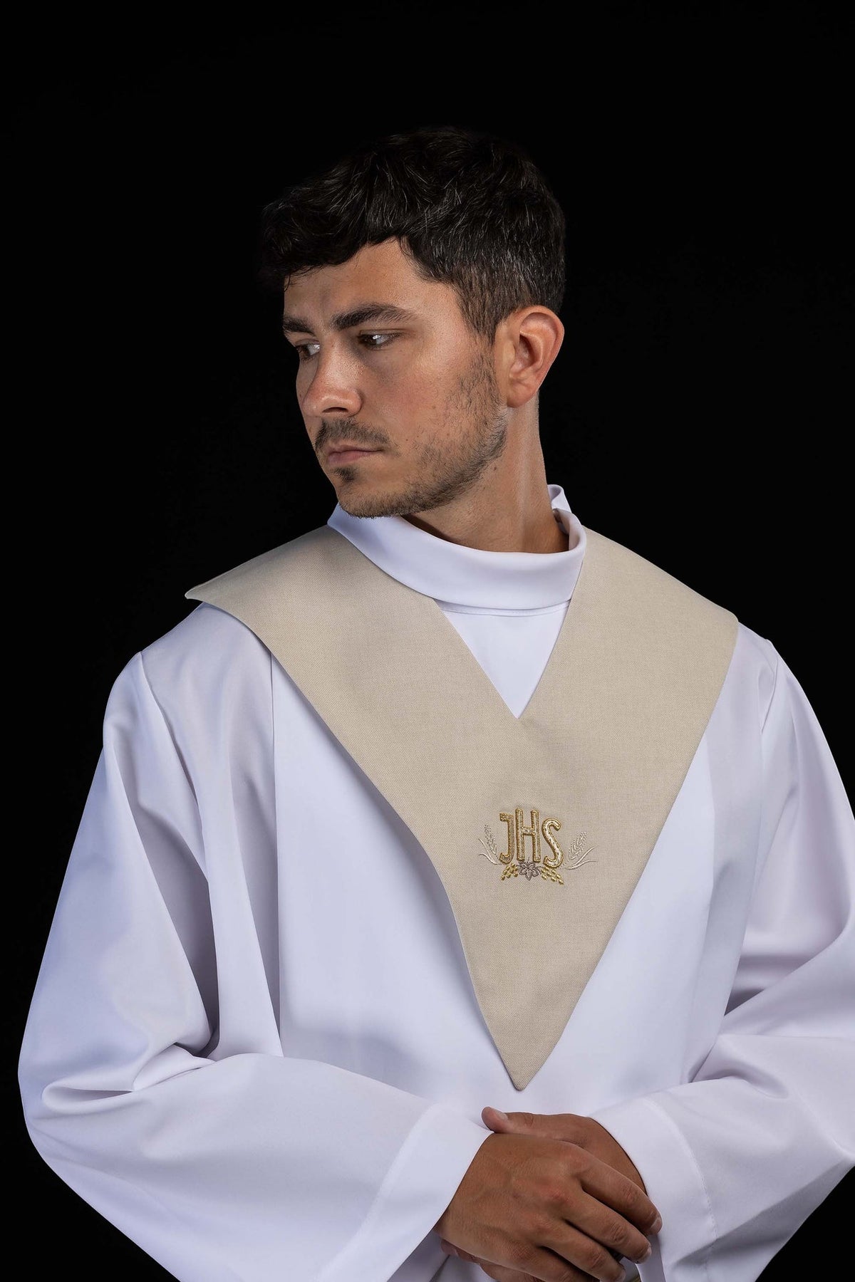 Ecru Lector's Pallium with Gold IHS Embroidery and Ornamental Motif