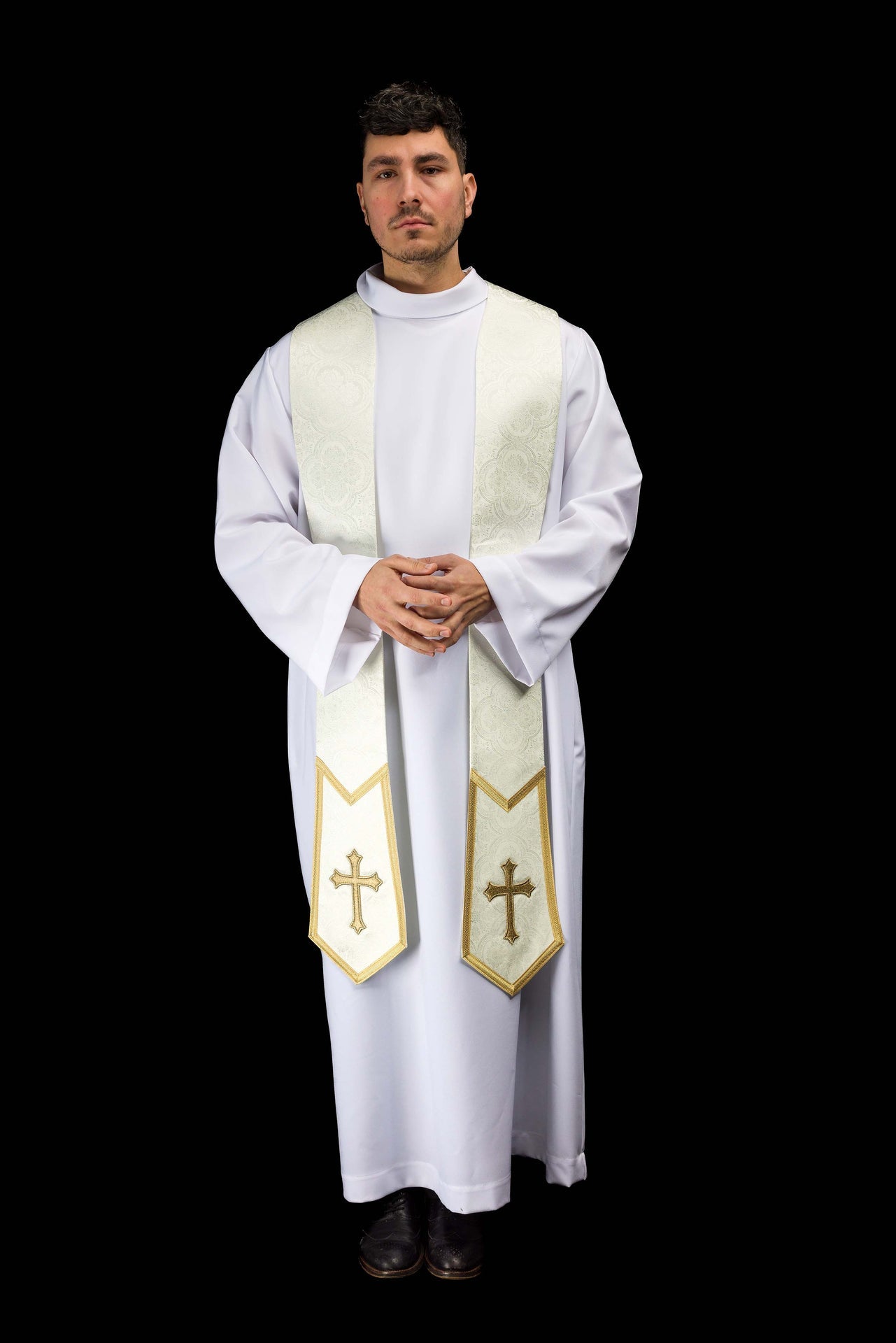 Stuła haftowana z motywem Krzyża ecru tkanina żakardowa - ORNATY.PL