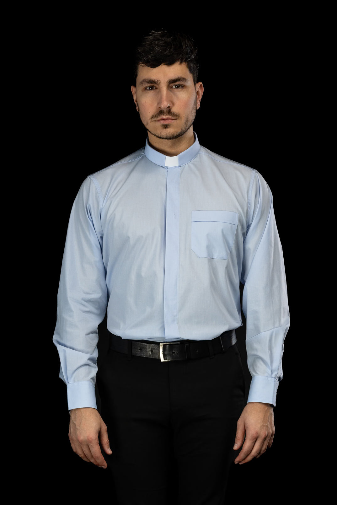 Blue long-sleeved clerical shirt with clerical collar