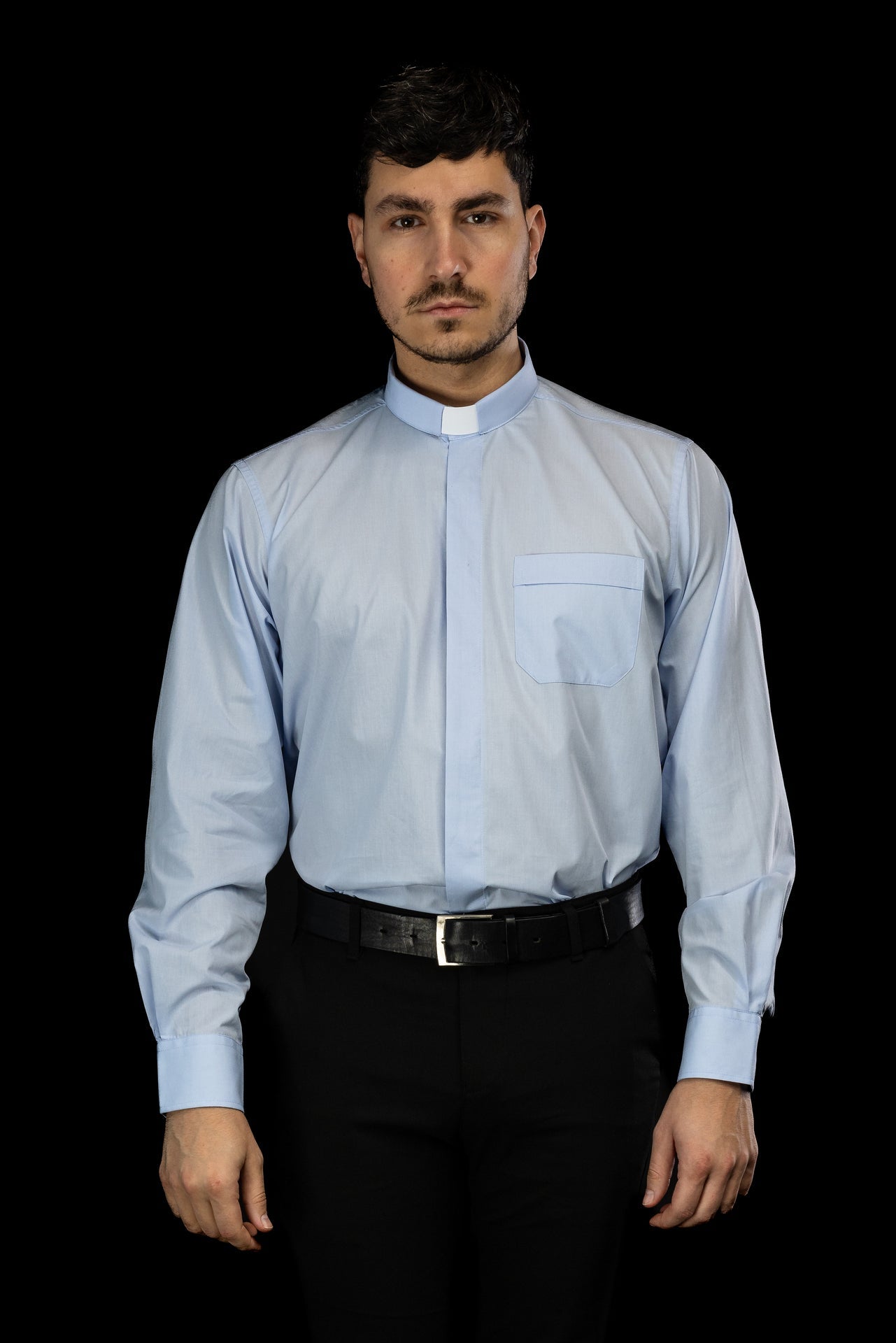 Blue long-sleeved clerical shirt with clerical collar