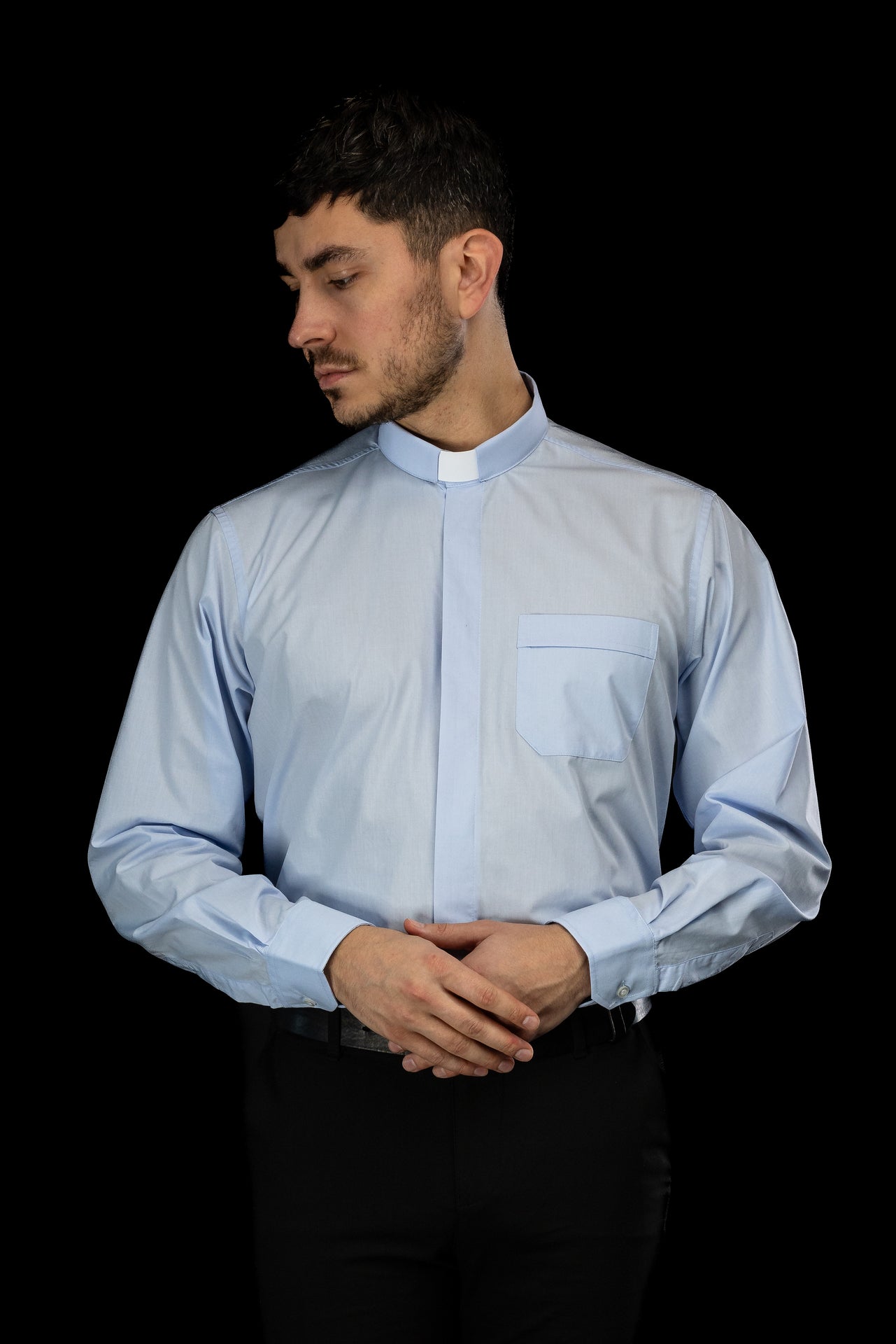 Blue long-sleeved clerical shirt with clerical collar
