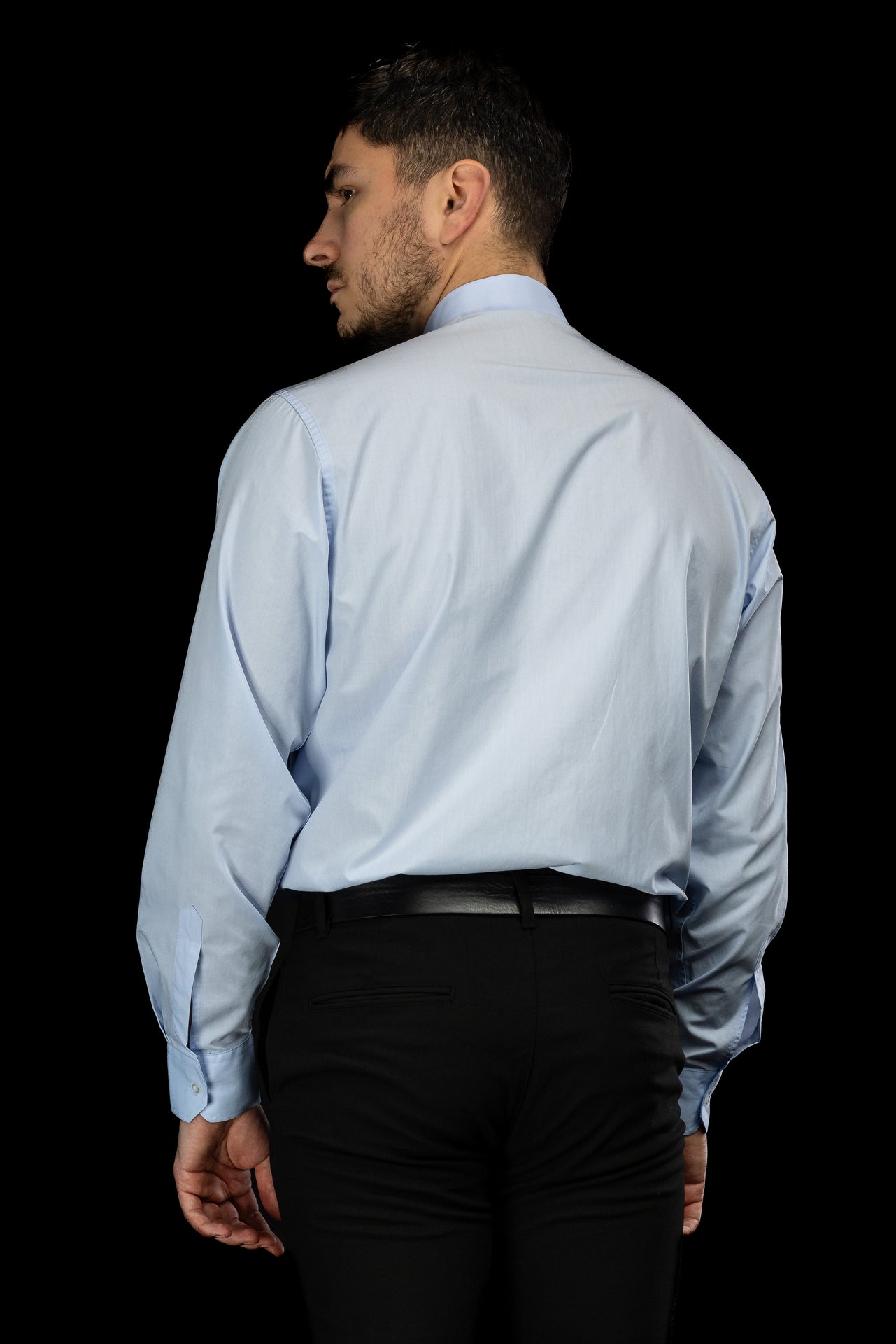 Blue long-sleeved clerical shirt with clerical collar