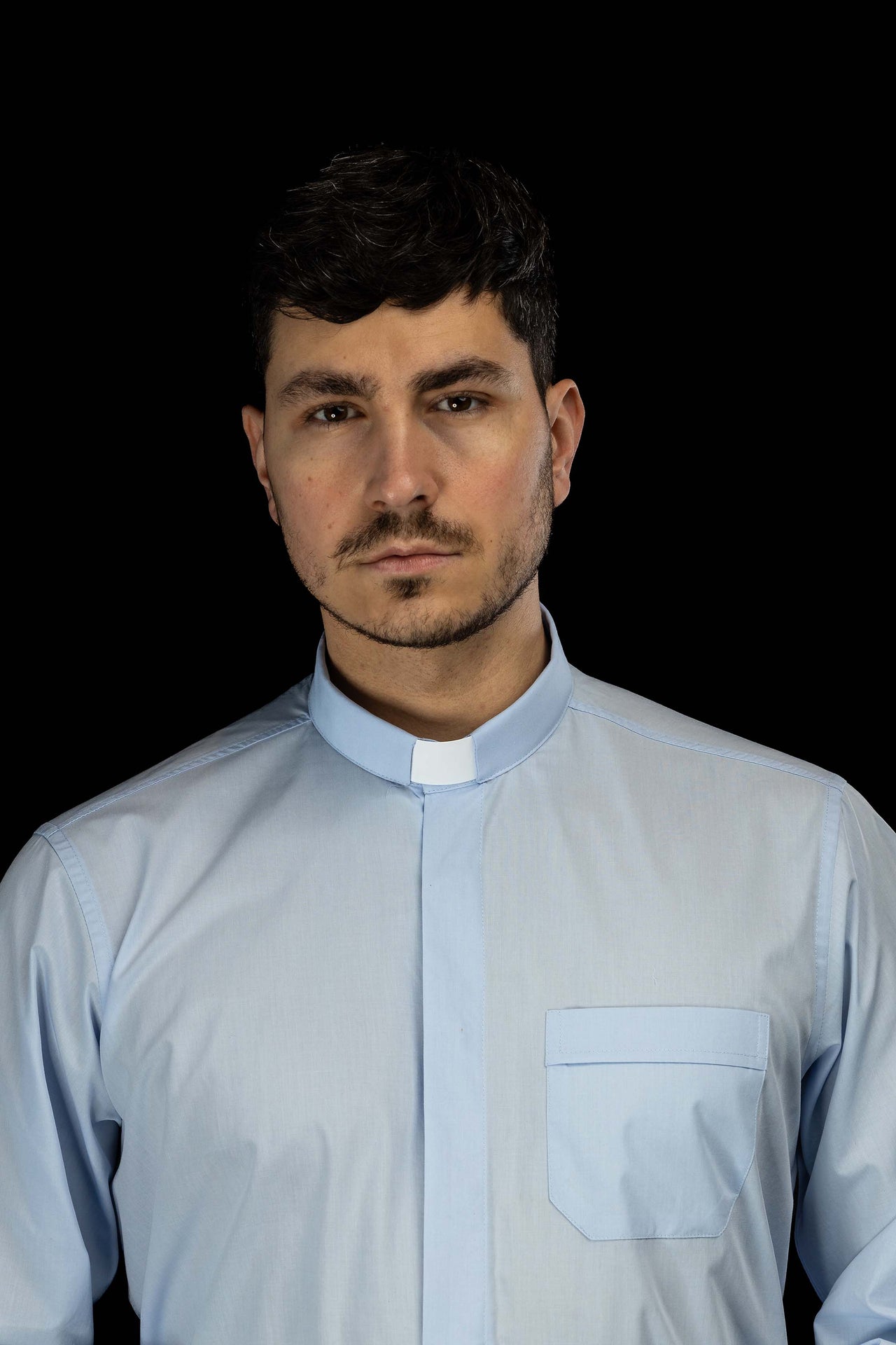 Blue long-sleeved clerical shirt with clerical collar