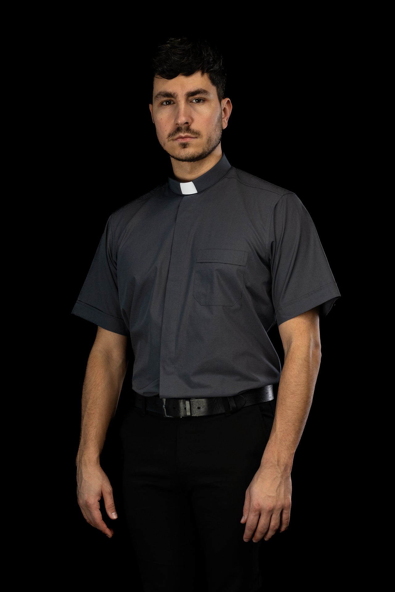 Dark grey short-sleeved clerical shirt with clerical collar