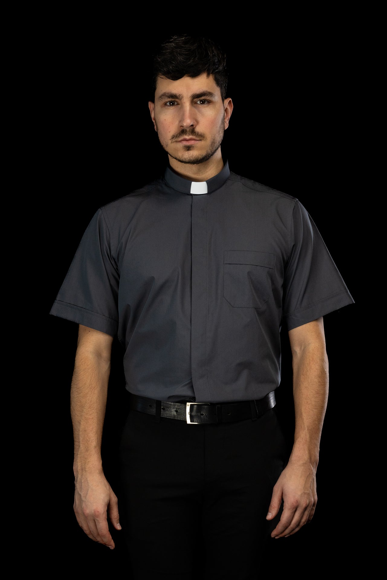Dark grey short-sleeved clerical shirt with clerical collar