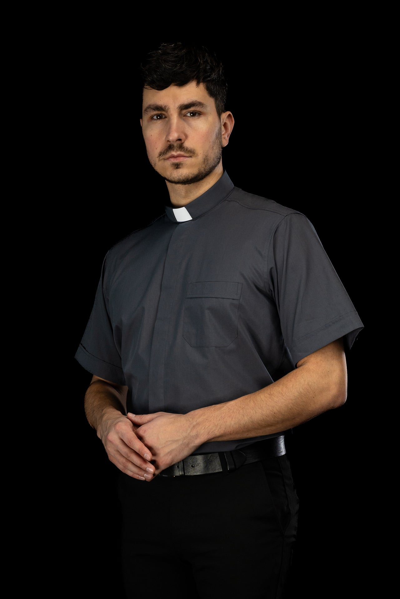 Dark grey short-sleeved clerical shirt with clerical collar