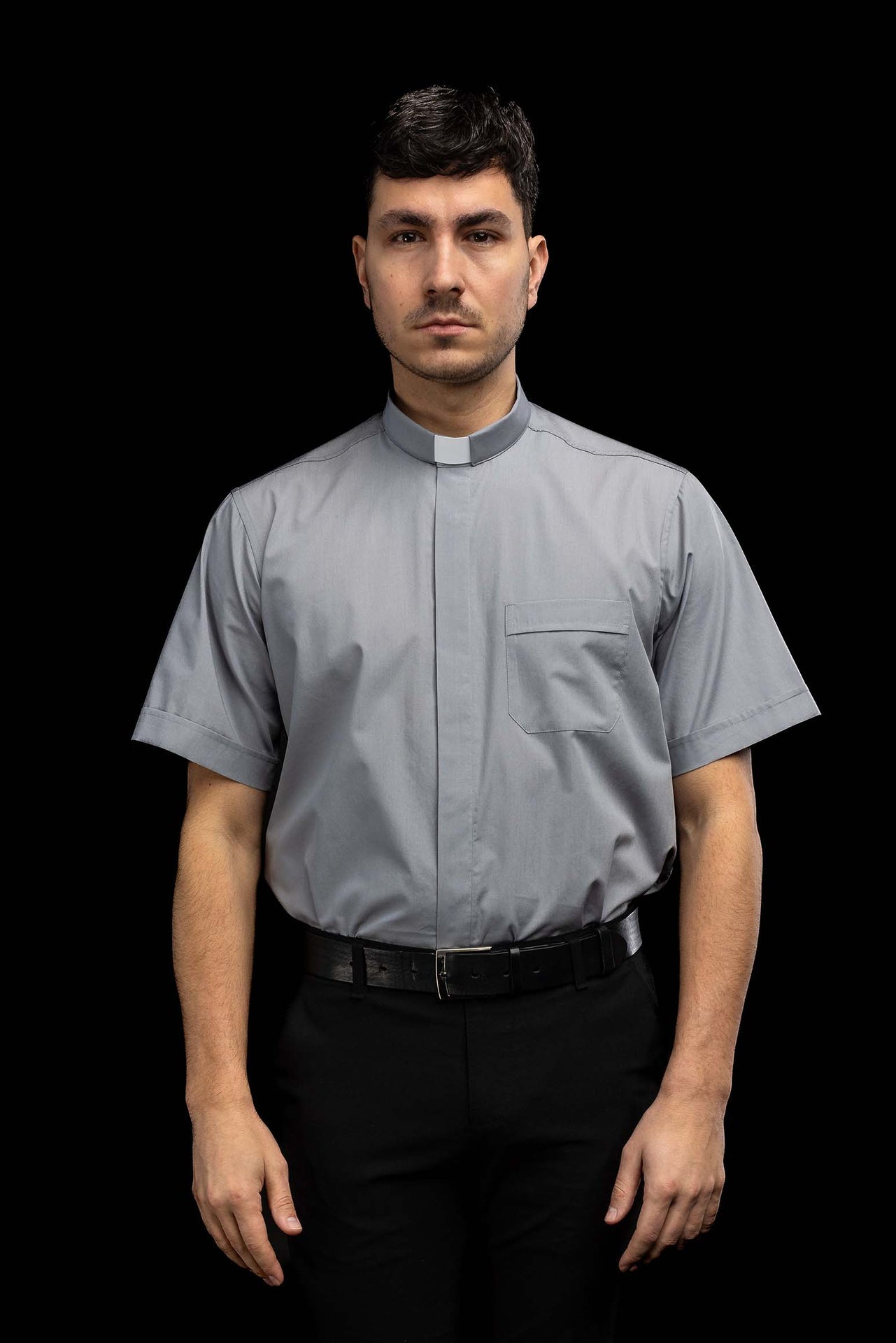 Light grey short-sleeved clerical shirt with clerical collar