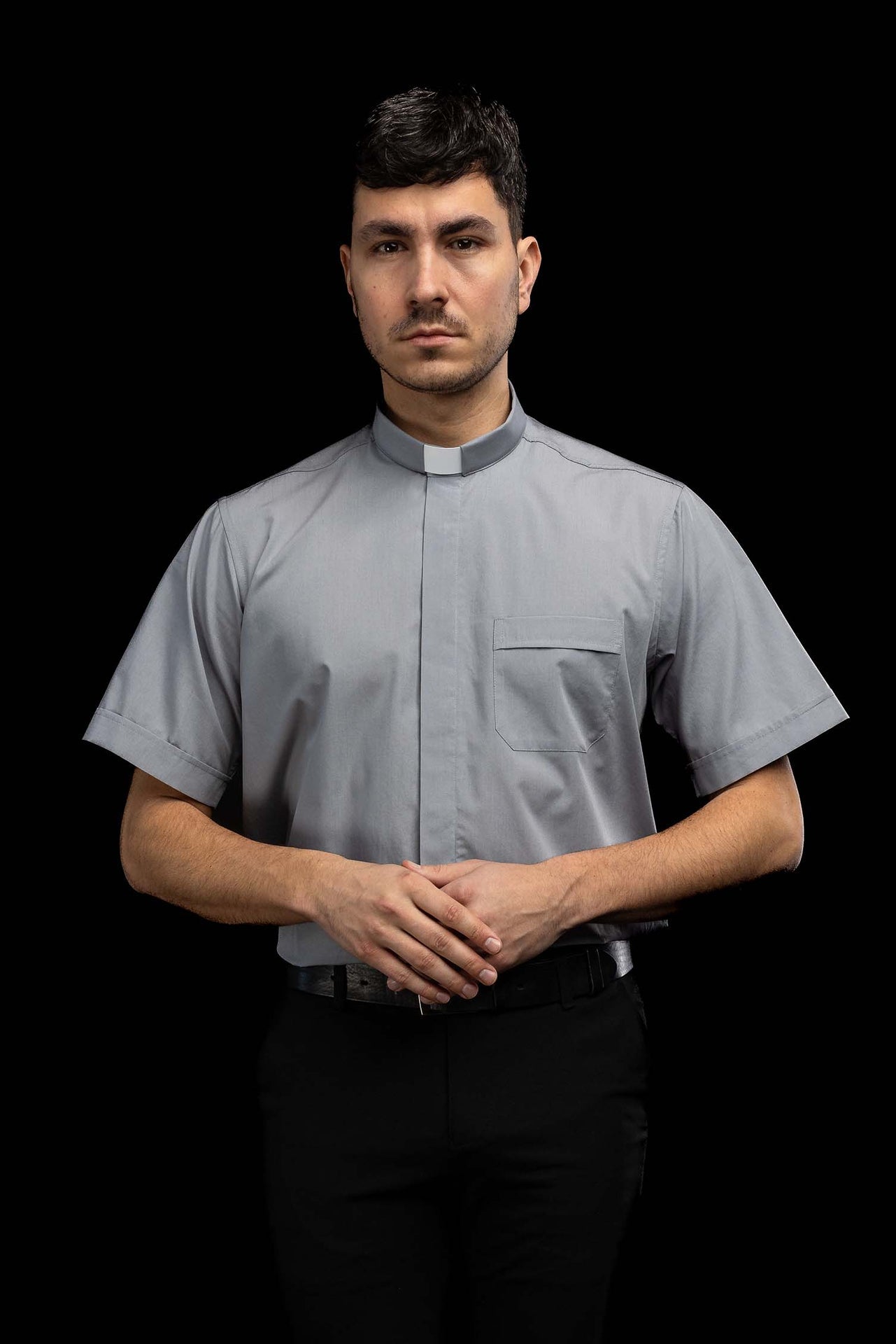 Light grey short-sleeved clerical shirt with clerical collar