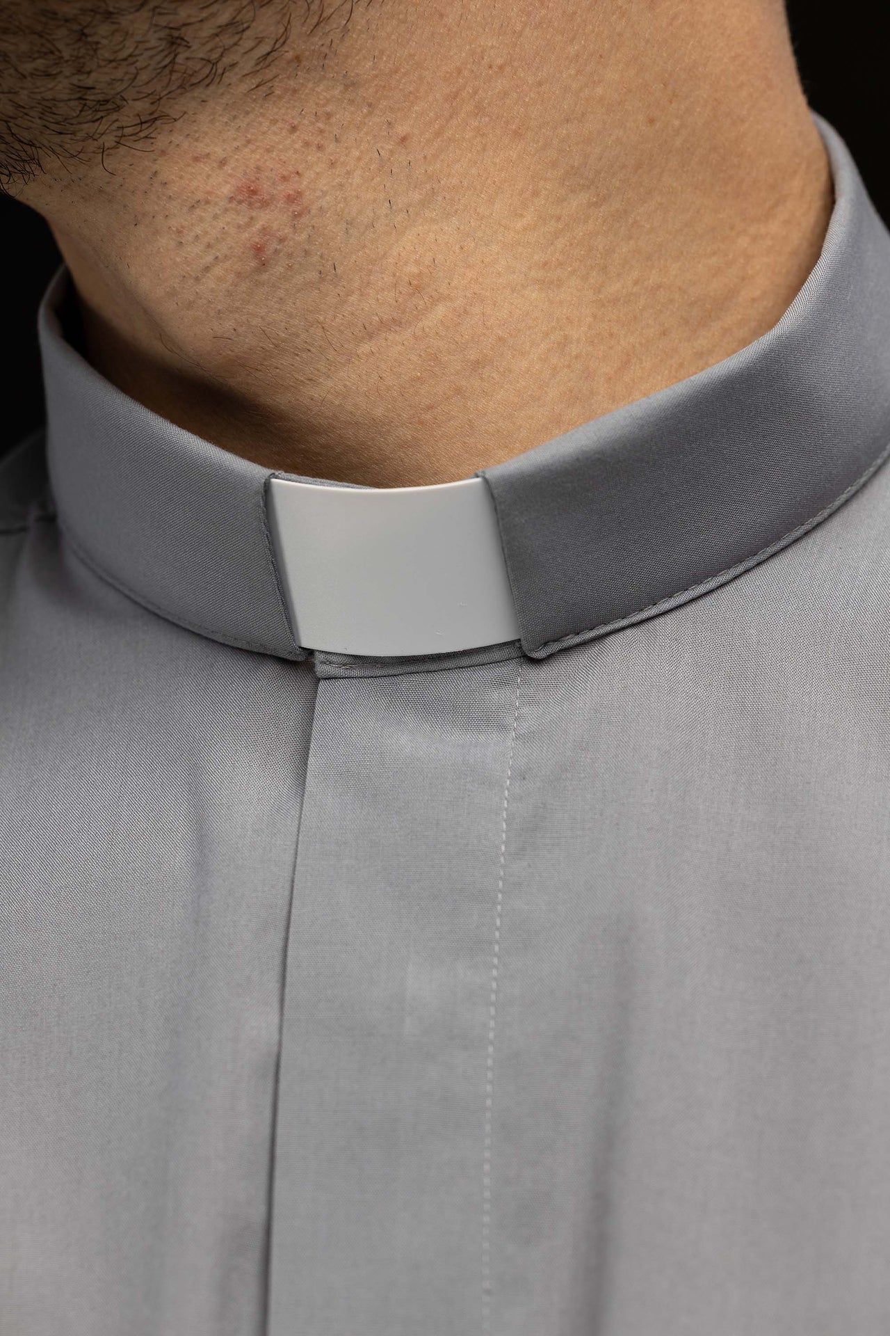Light grey short-sleeved clerical shirt with clerical collar