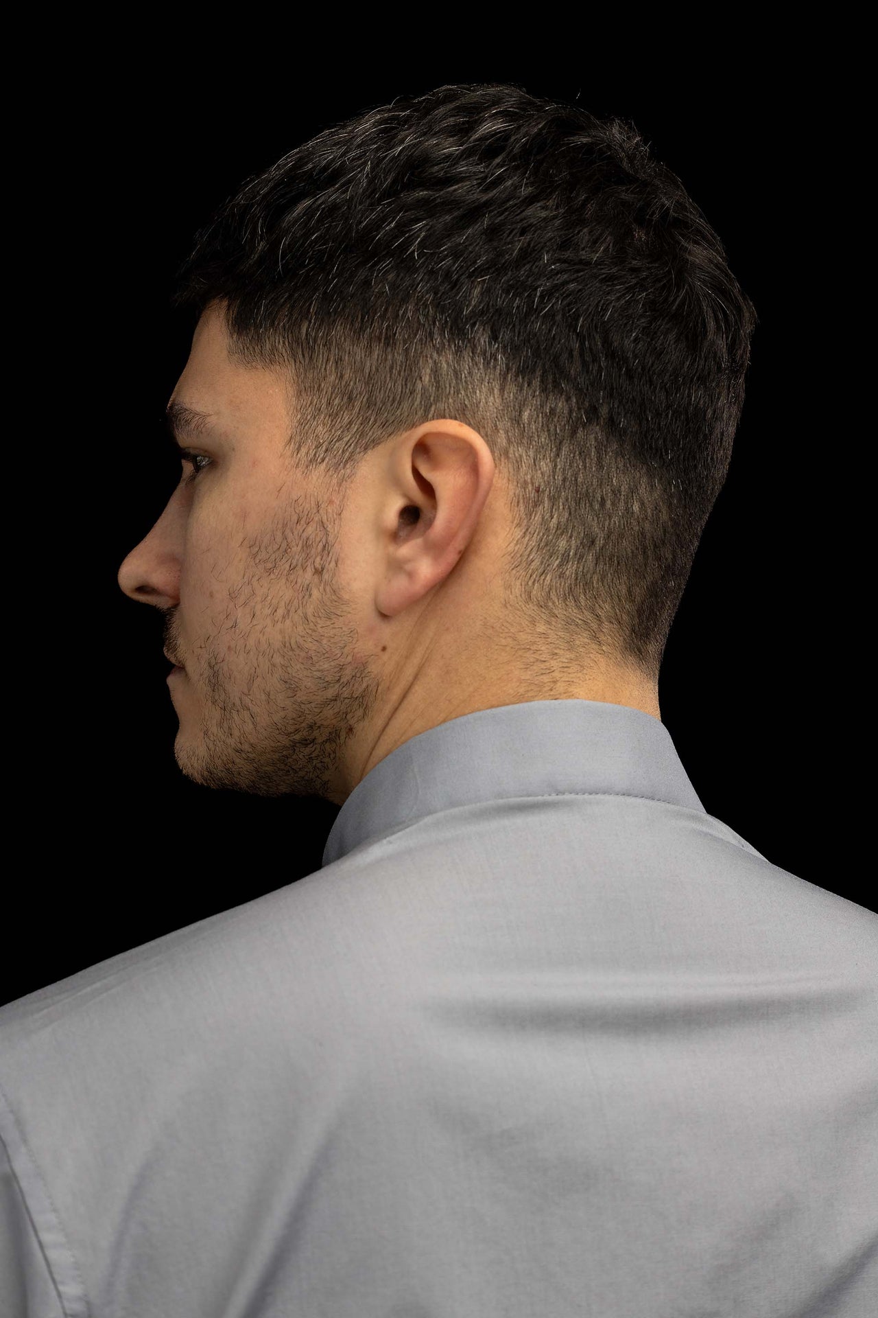 Light grey short-sleeved clerical shirt with clerical collar