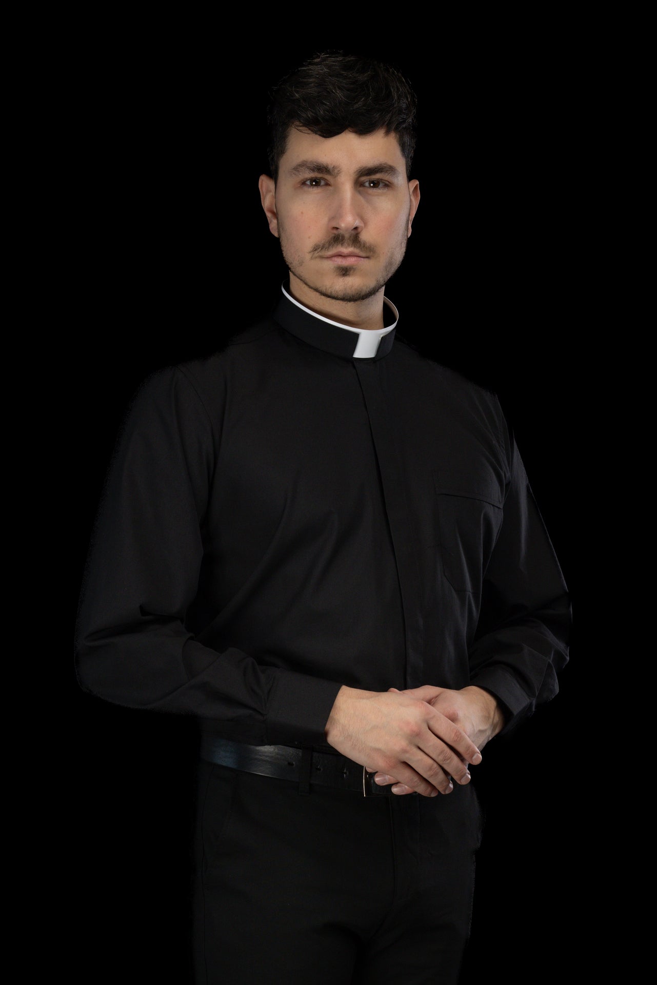 Black long-sleeved Roman clerical shirt with clerical collar