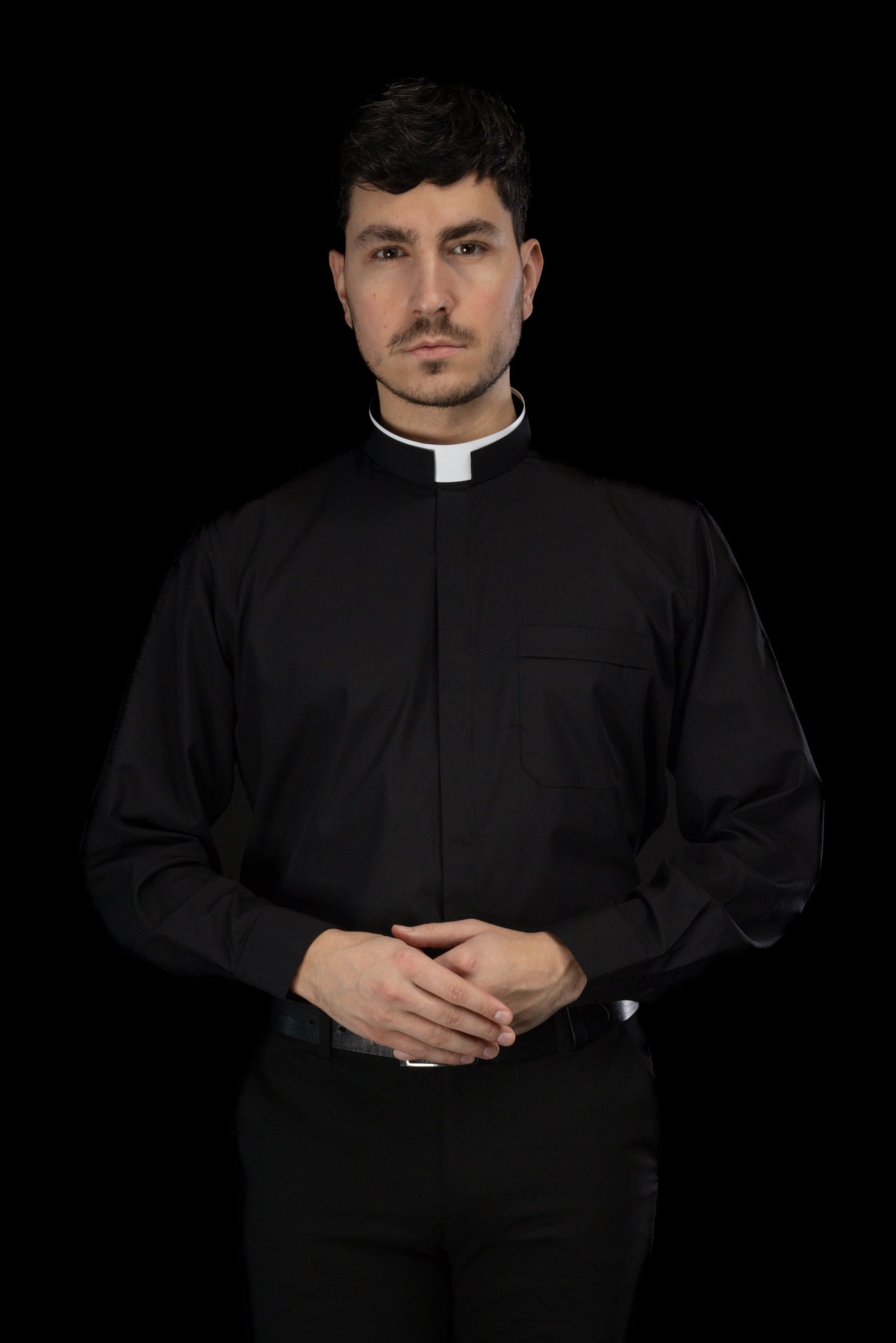 Black long-sleeved Roman clerical shirt with clerical collar