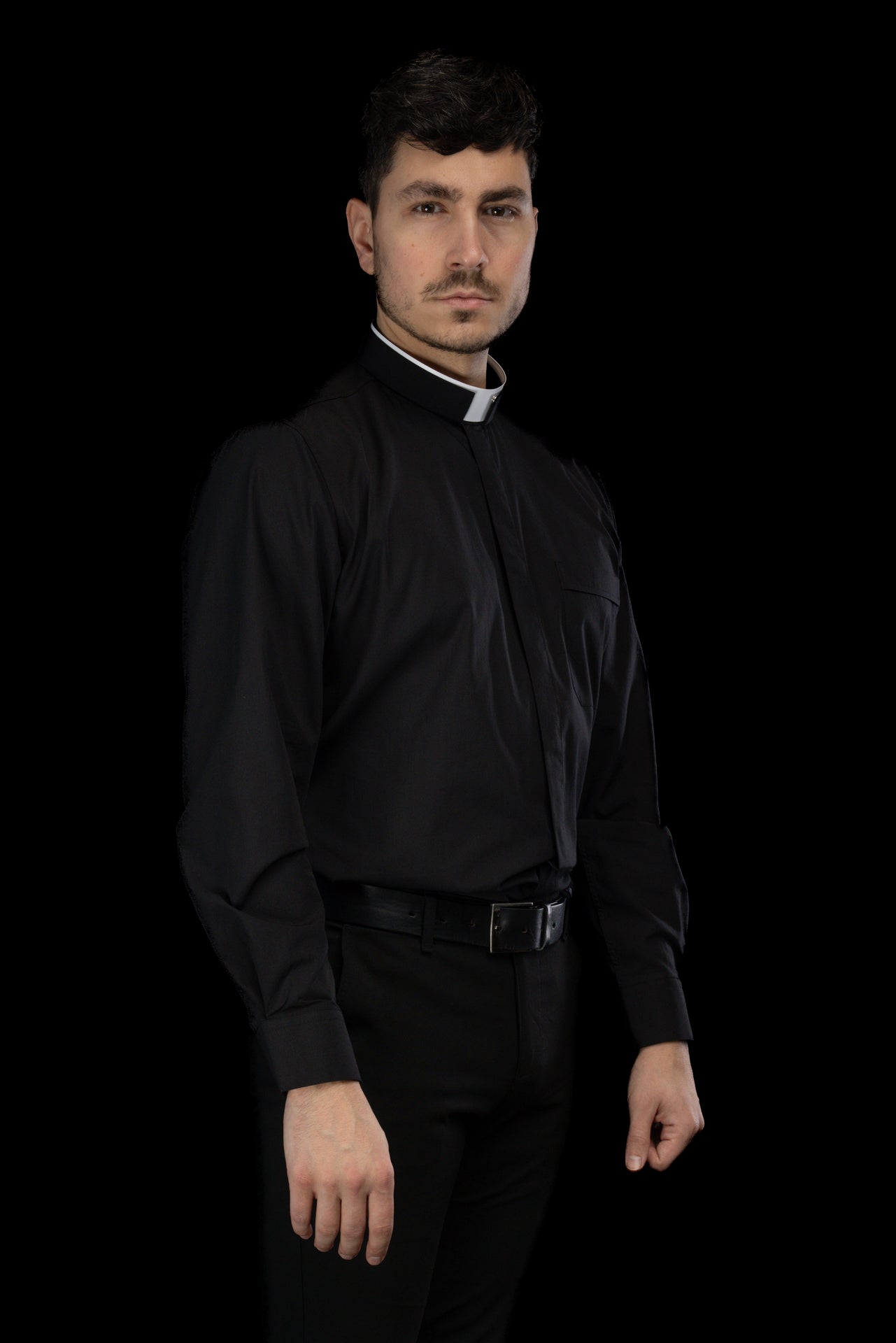 Black long-sleeved Roman clerical shirt with clerical collar