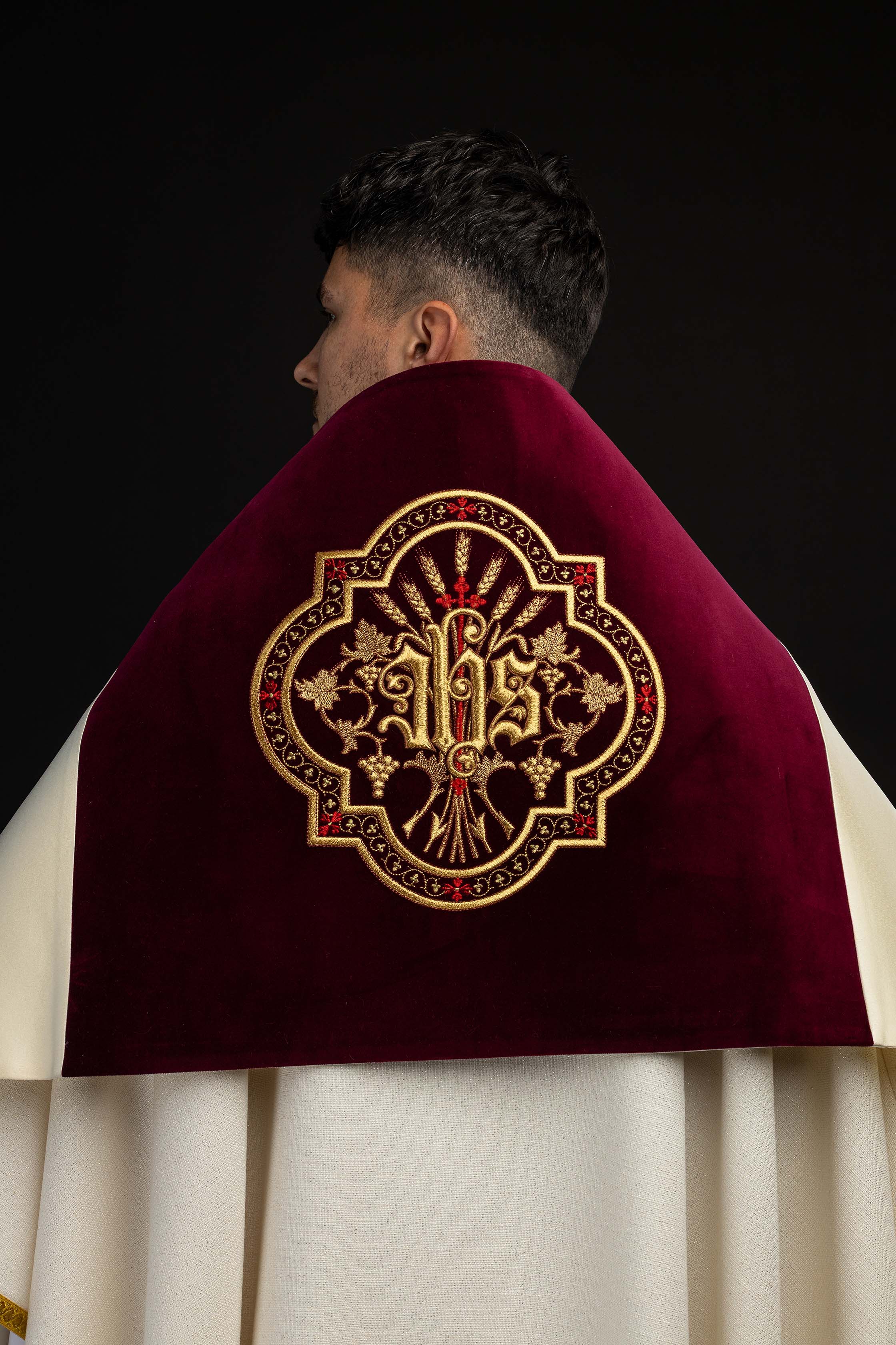 Ecru Humeral Veil with IHS Embroidery on Burgundy Velvet