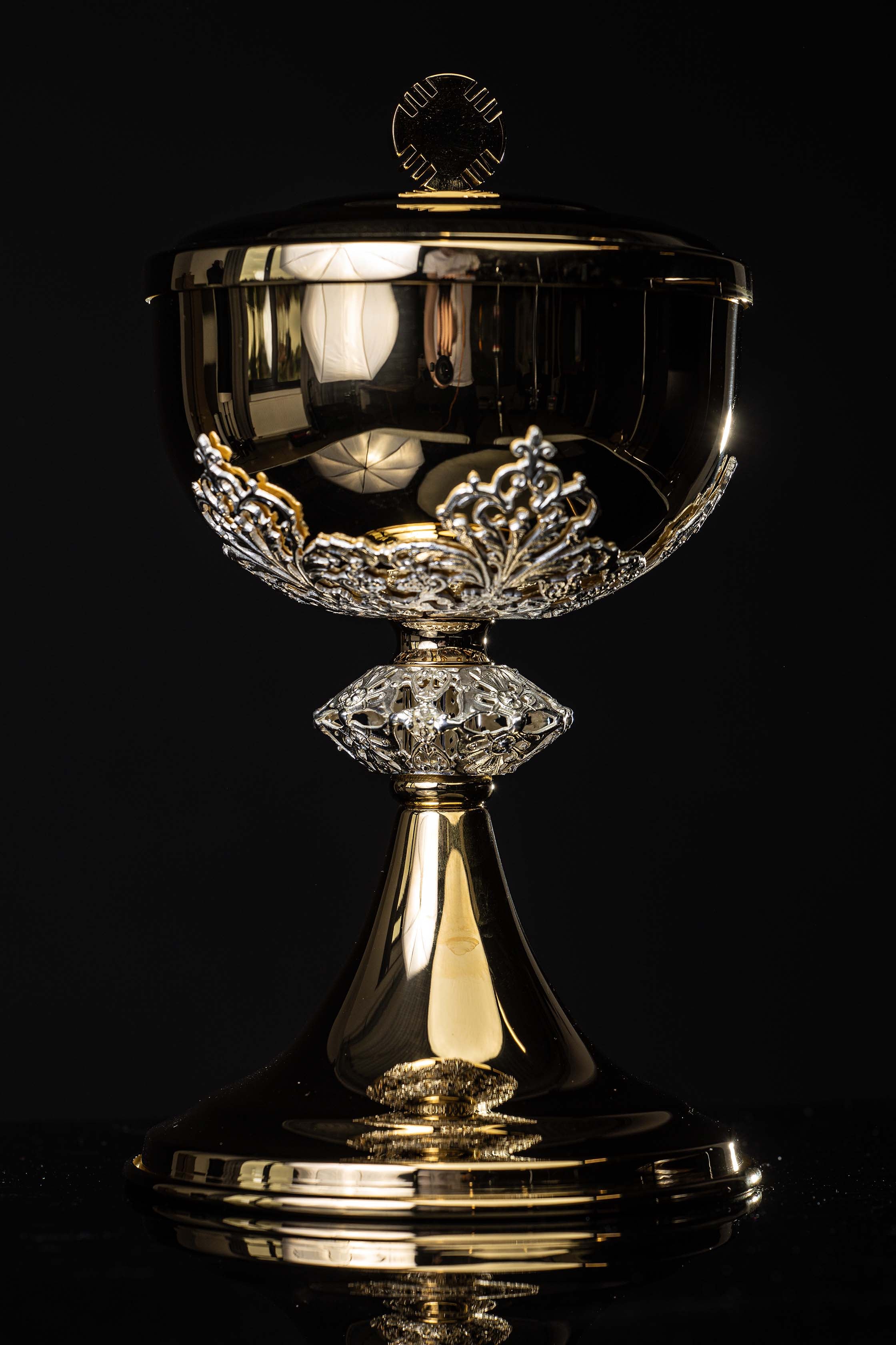 Handcrafted gilded brass ciborium with silver-plated decorations