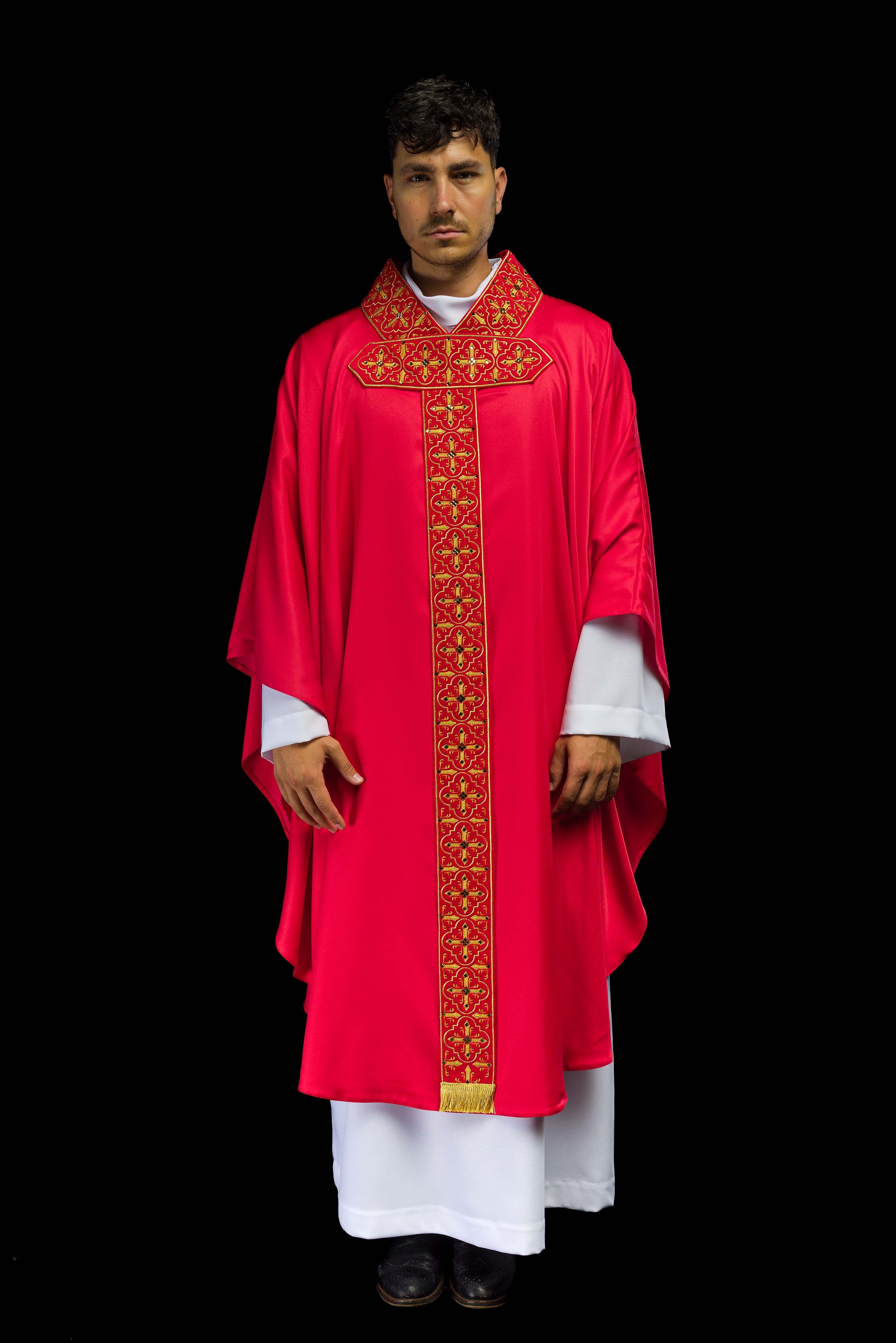 Red chasuble finished with 500 red faceted stones - CHASUBLES.COM