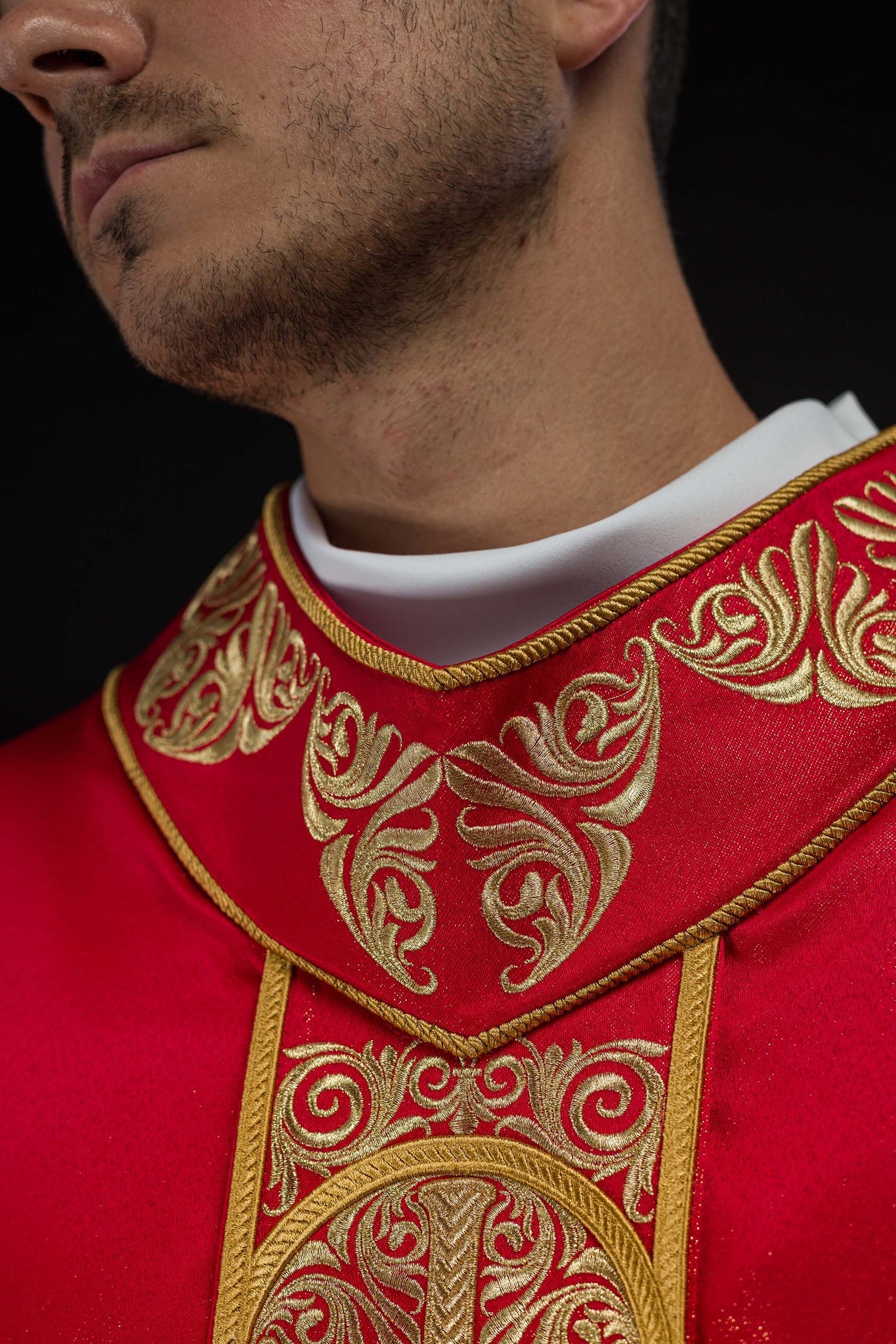 Red Chasuble Richly Embroidered and Decorated with Stones