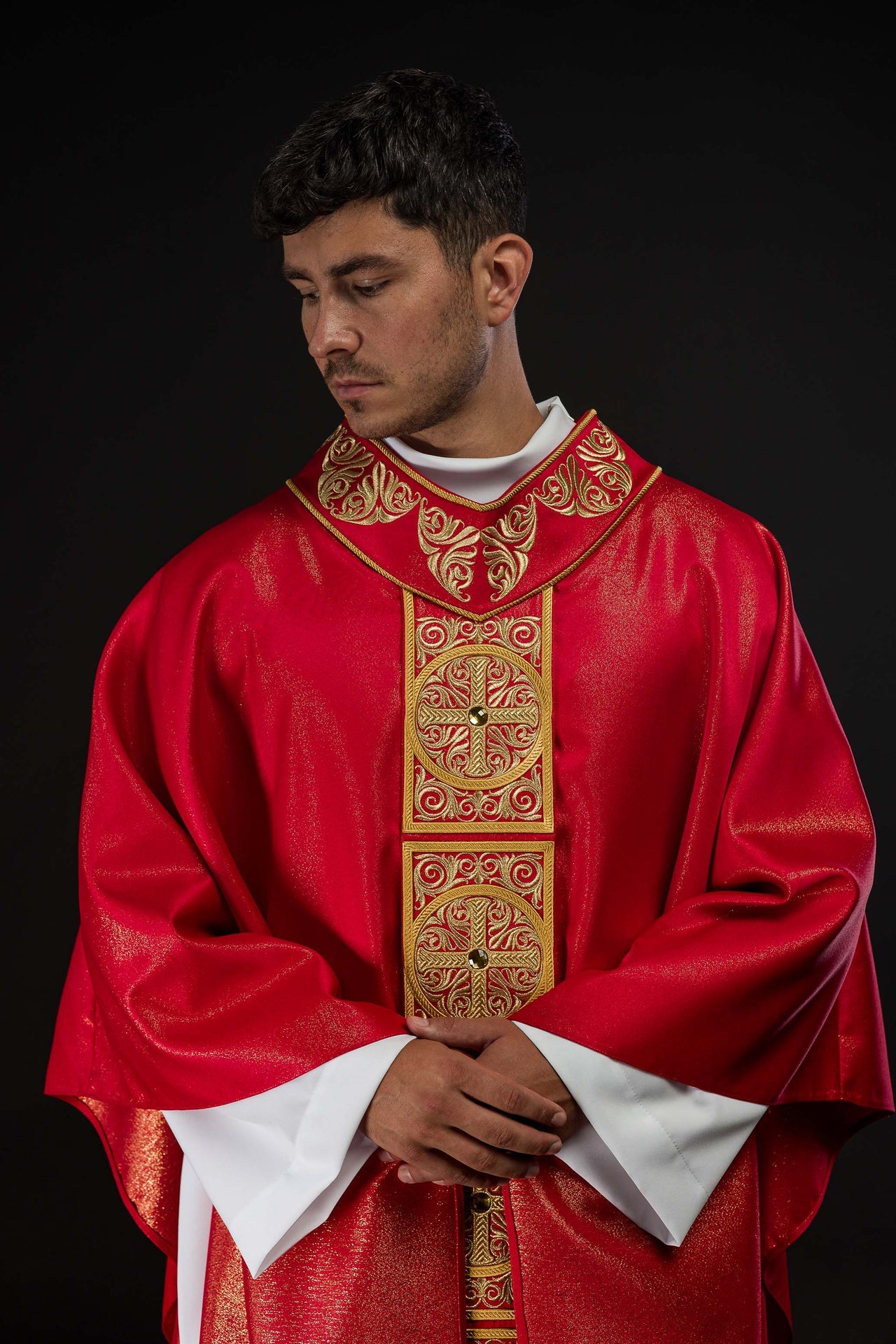 Red Chasuble Richly Embroidered and Decorated with Stones