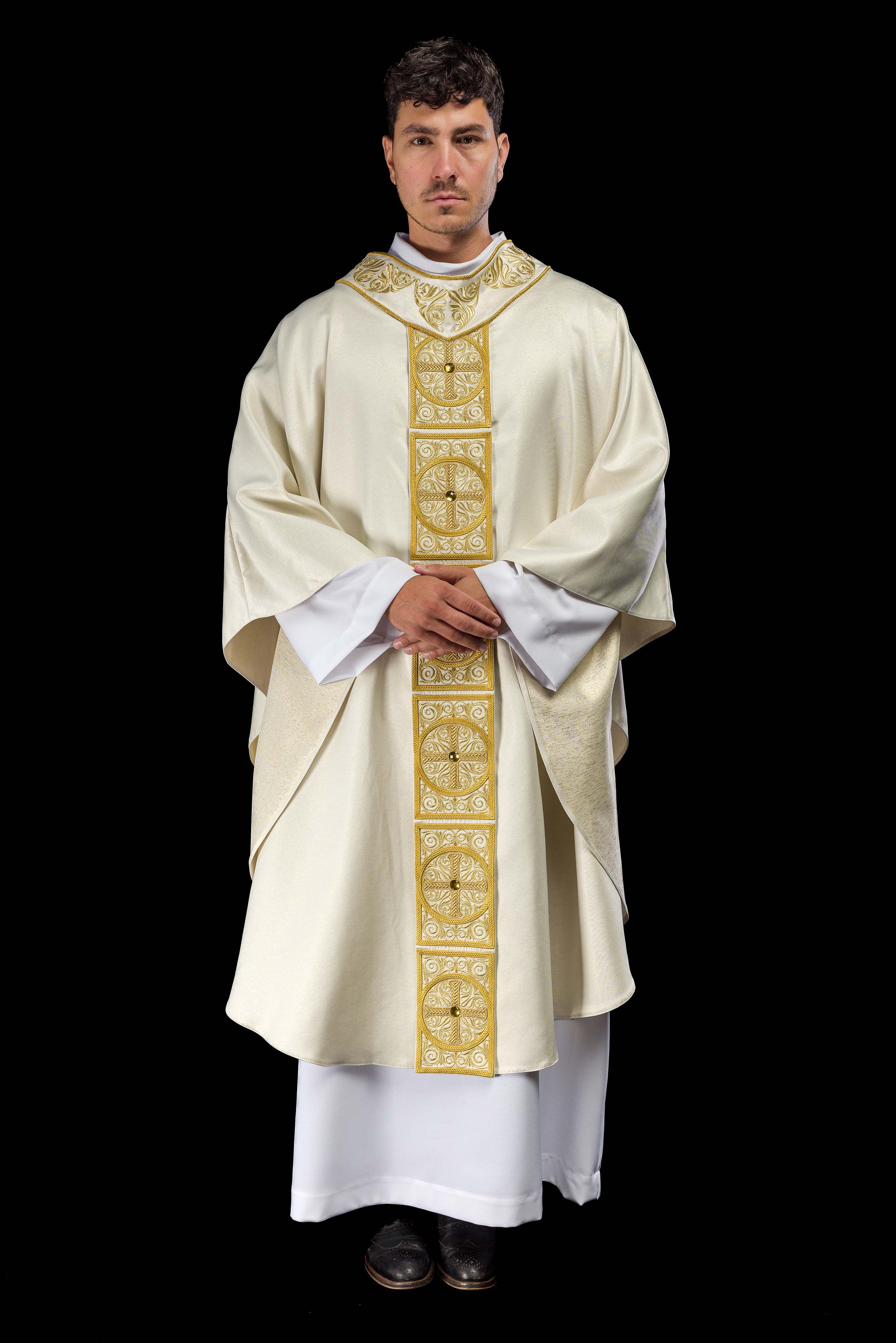 Gold Chasuble richly embroidered and decorated with ecru stones
