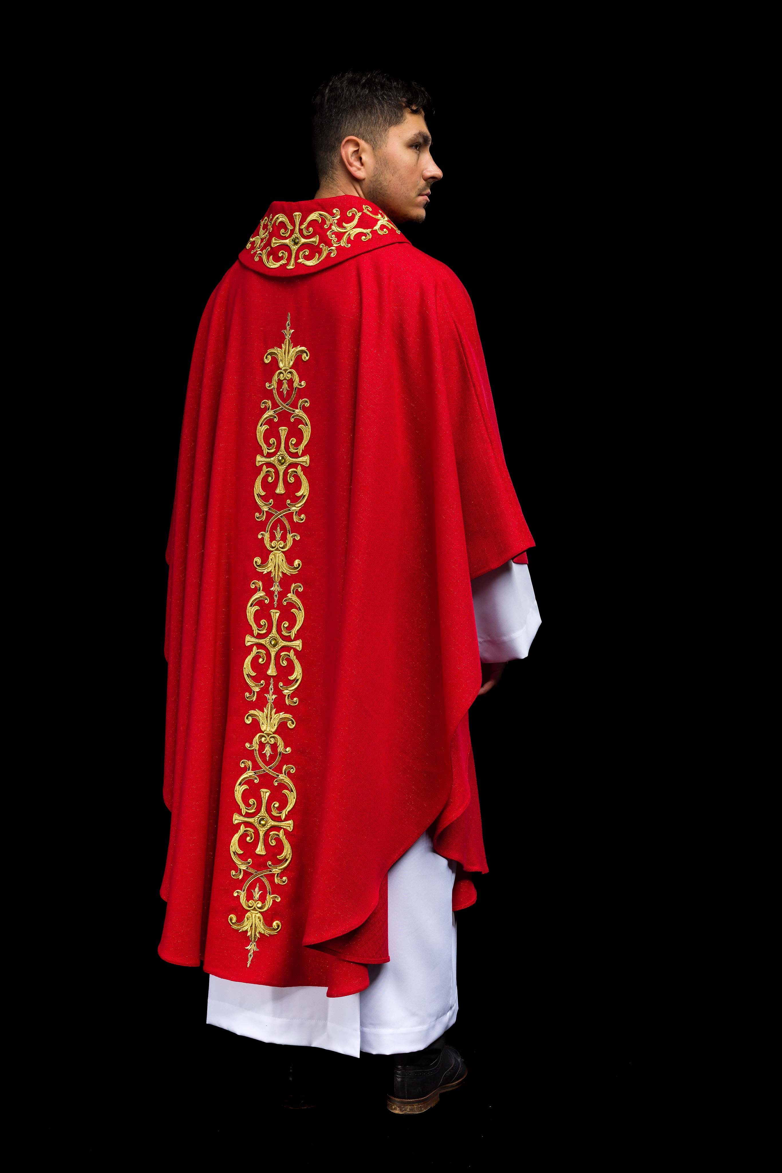 Red chasuble richly embroidered with gemstones