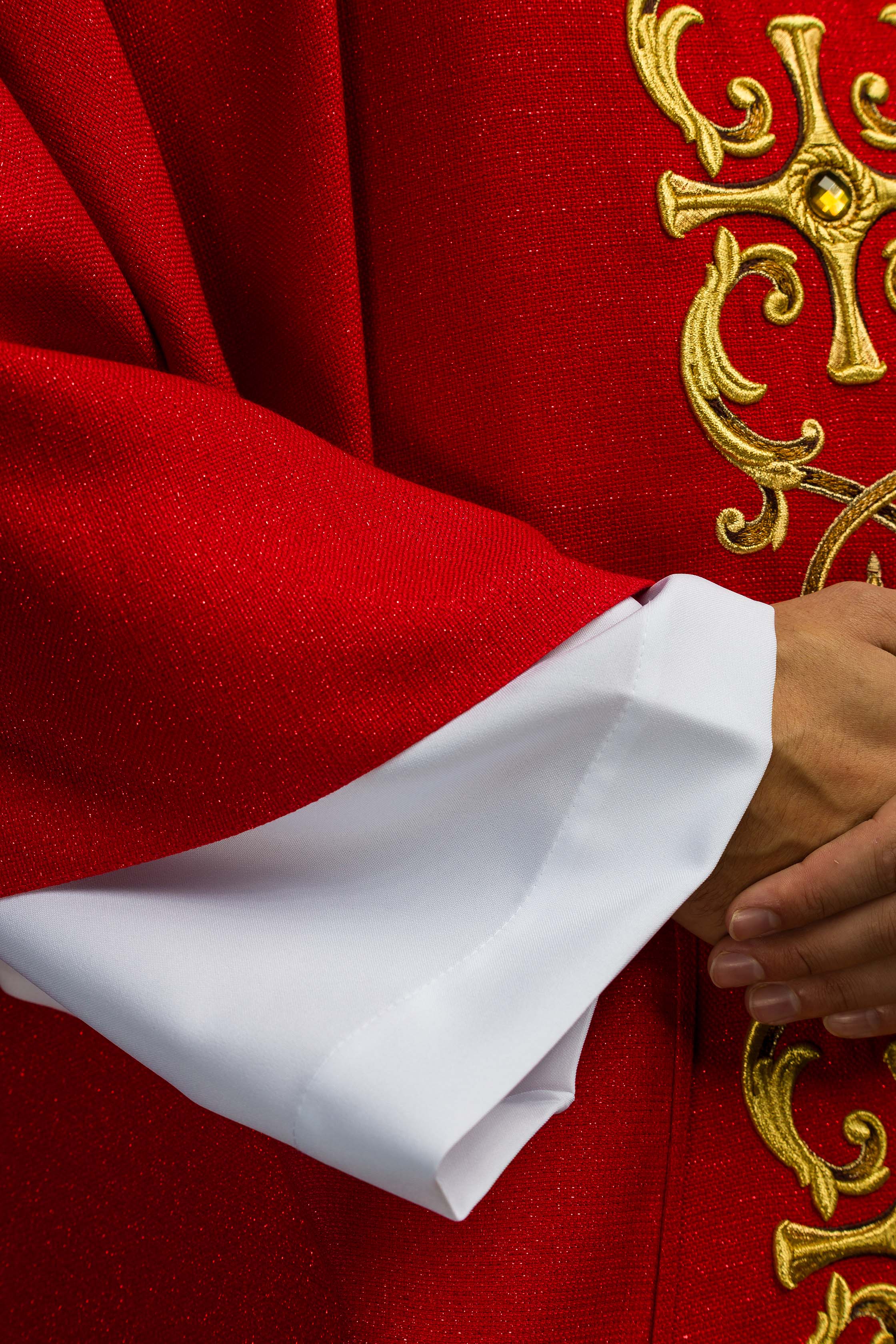 Red chasuble richly embroidered with gemstones