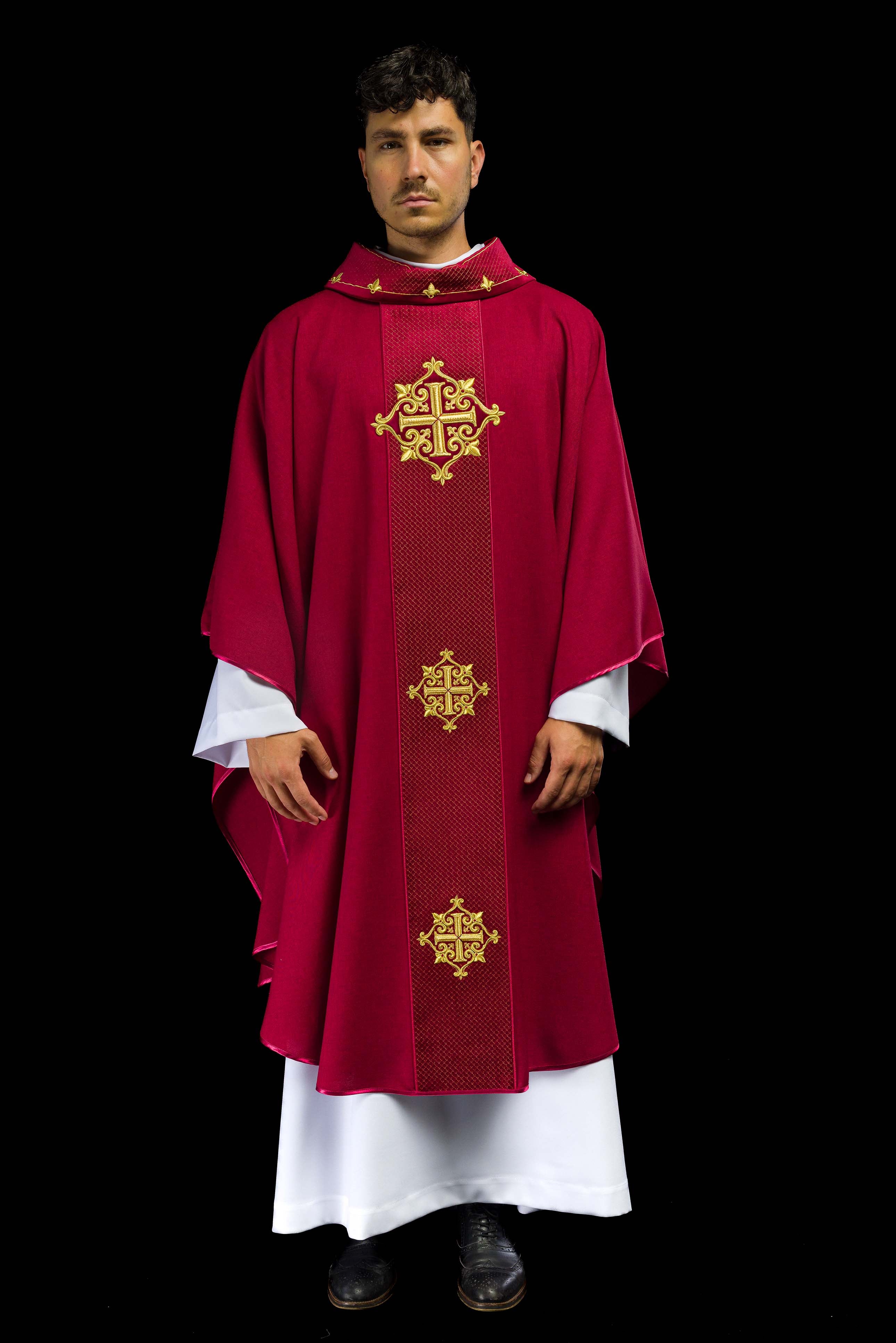 Chasuble with Velvet Red Band and Cross Embroidery - CHASUBLES.COM